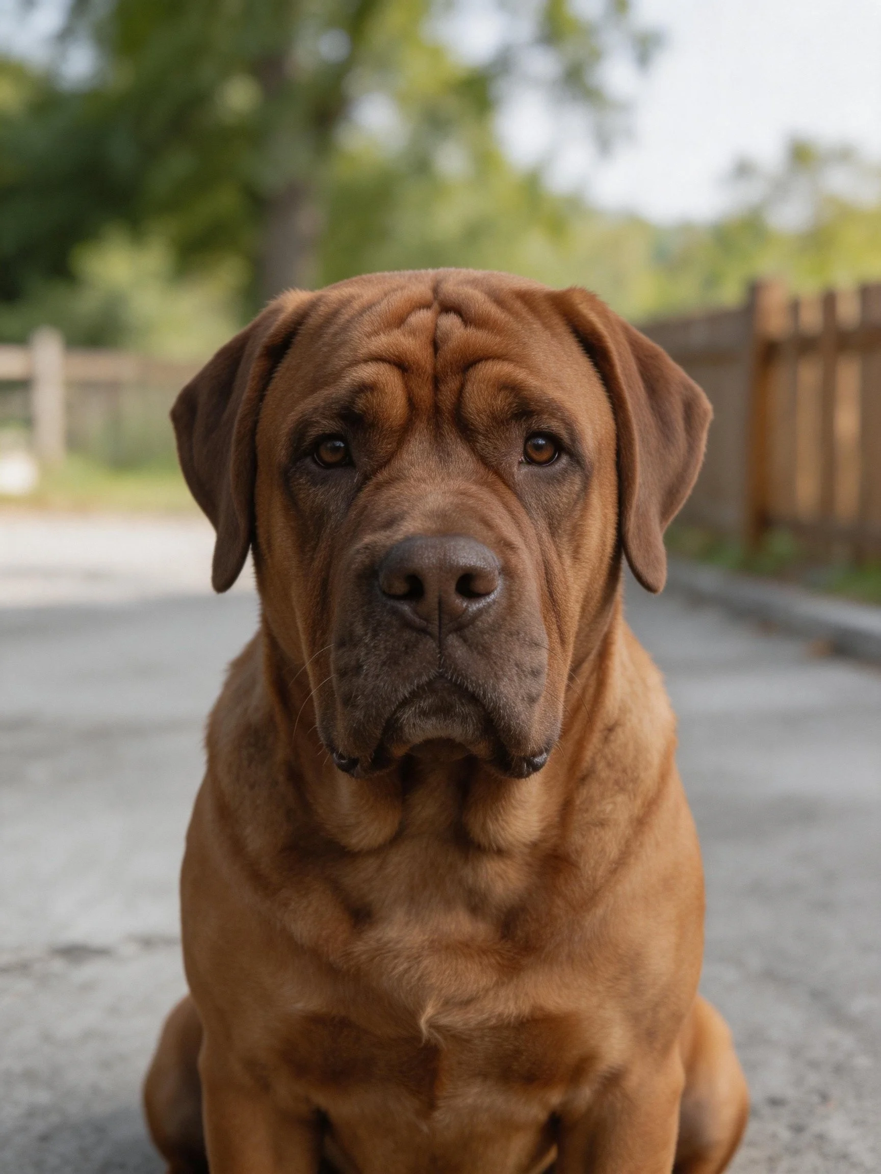 A large brown dog sits calmly on an outdoor paved surface