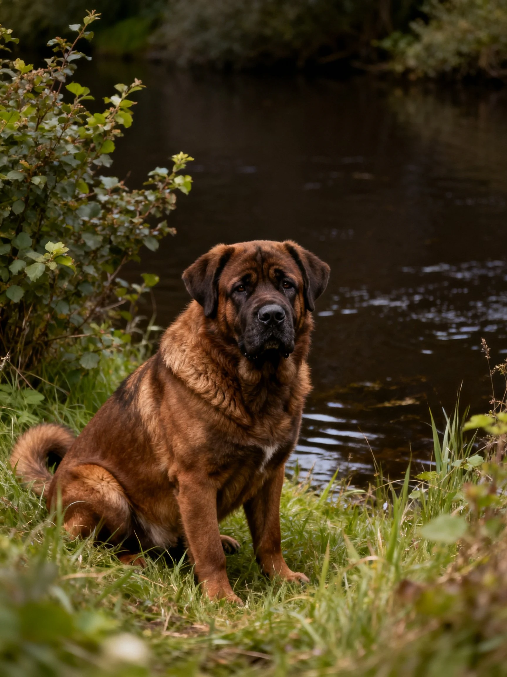 A brown dog rests near a stream with surrounding greenery.