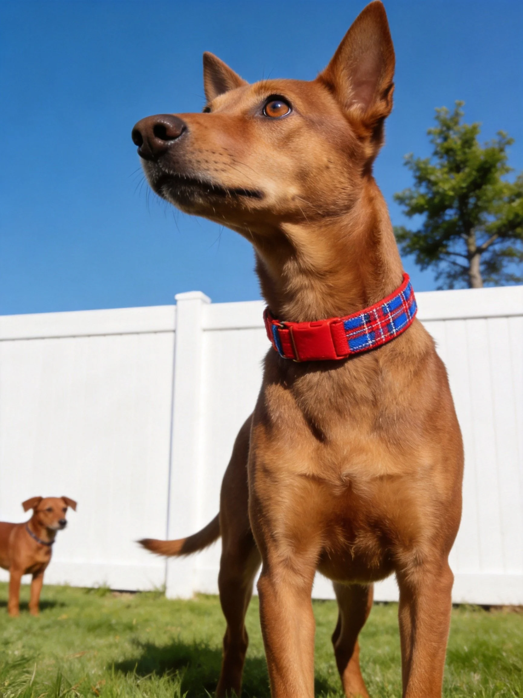 A large brown dog with a red-blue plaid collar stands near a smaller dog by a white fence