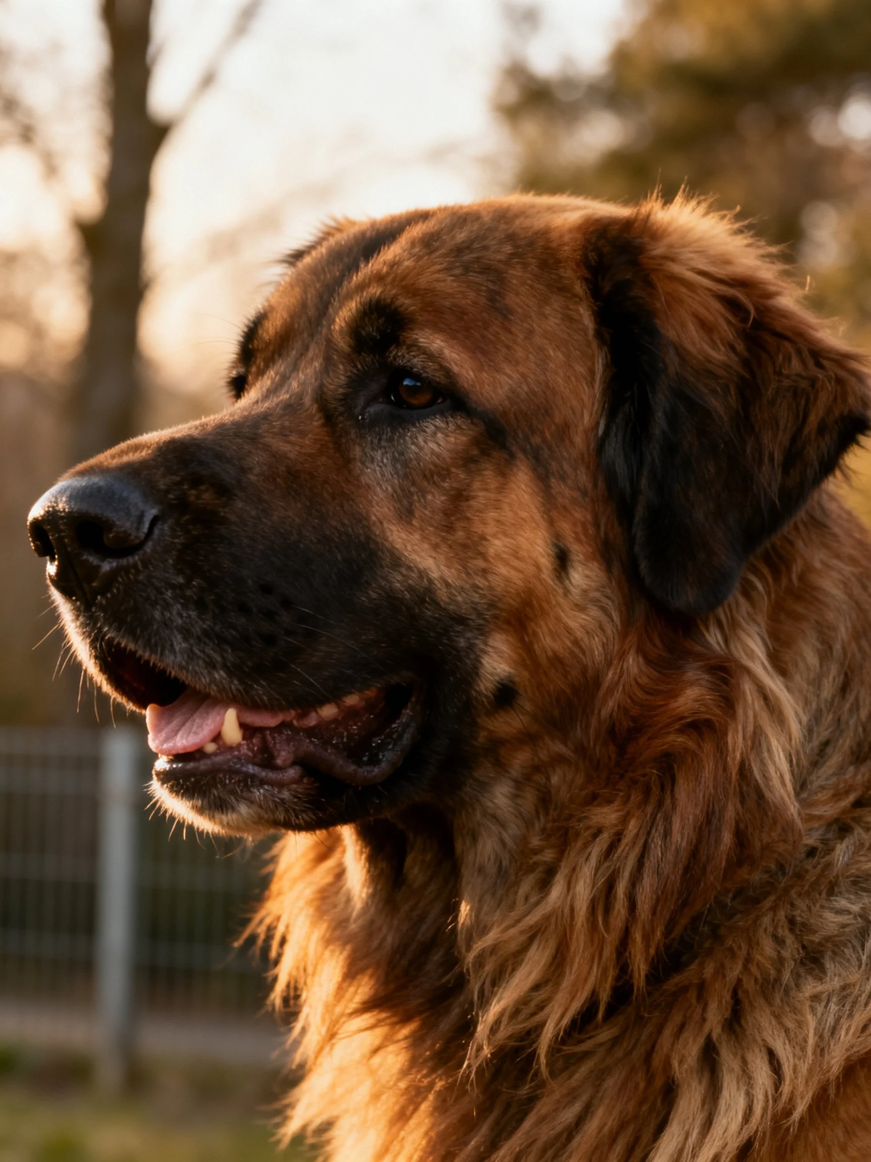 A large brown dog with black ears in a sunlit outdoor scene