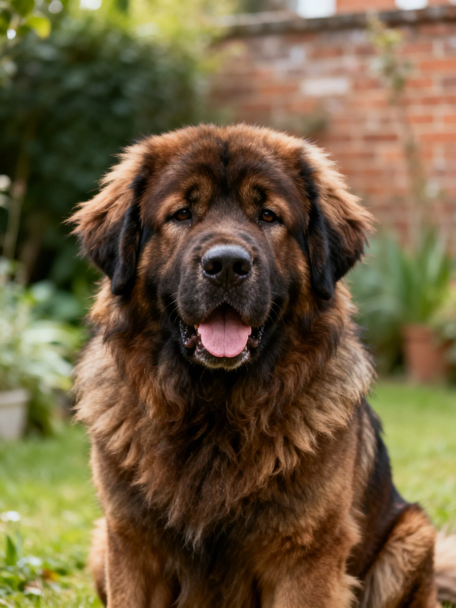 A large brown-furred dog sits in a garden with greenery and a brick wall