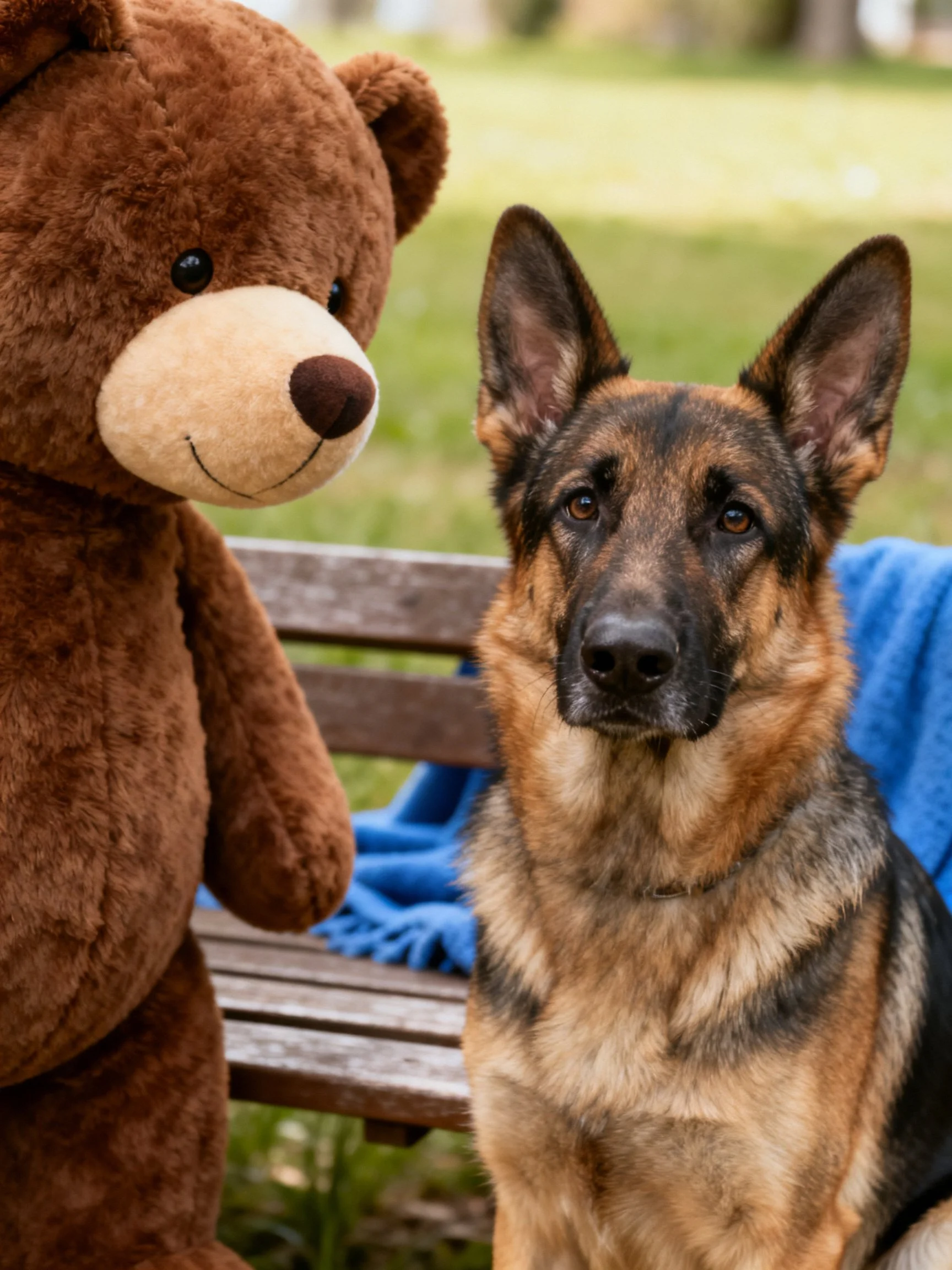 A large brown teddy bear beside a German Shepherd on a wooden bench