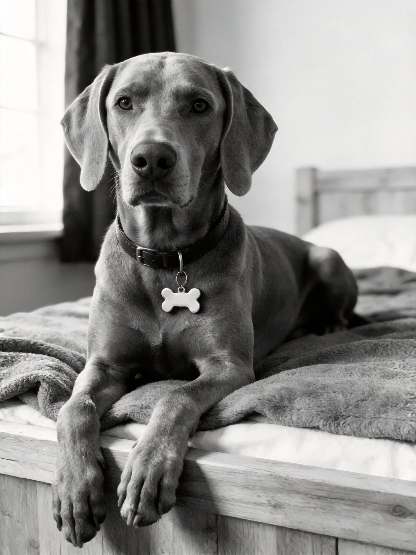 A large dog relaxes on a bed with a bone - shaped collar tag