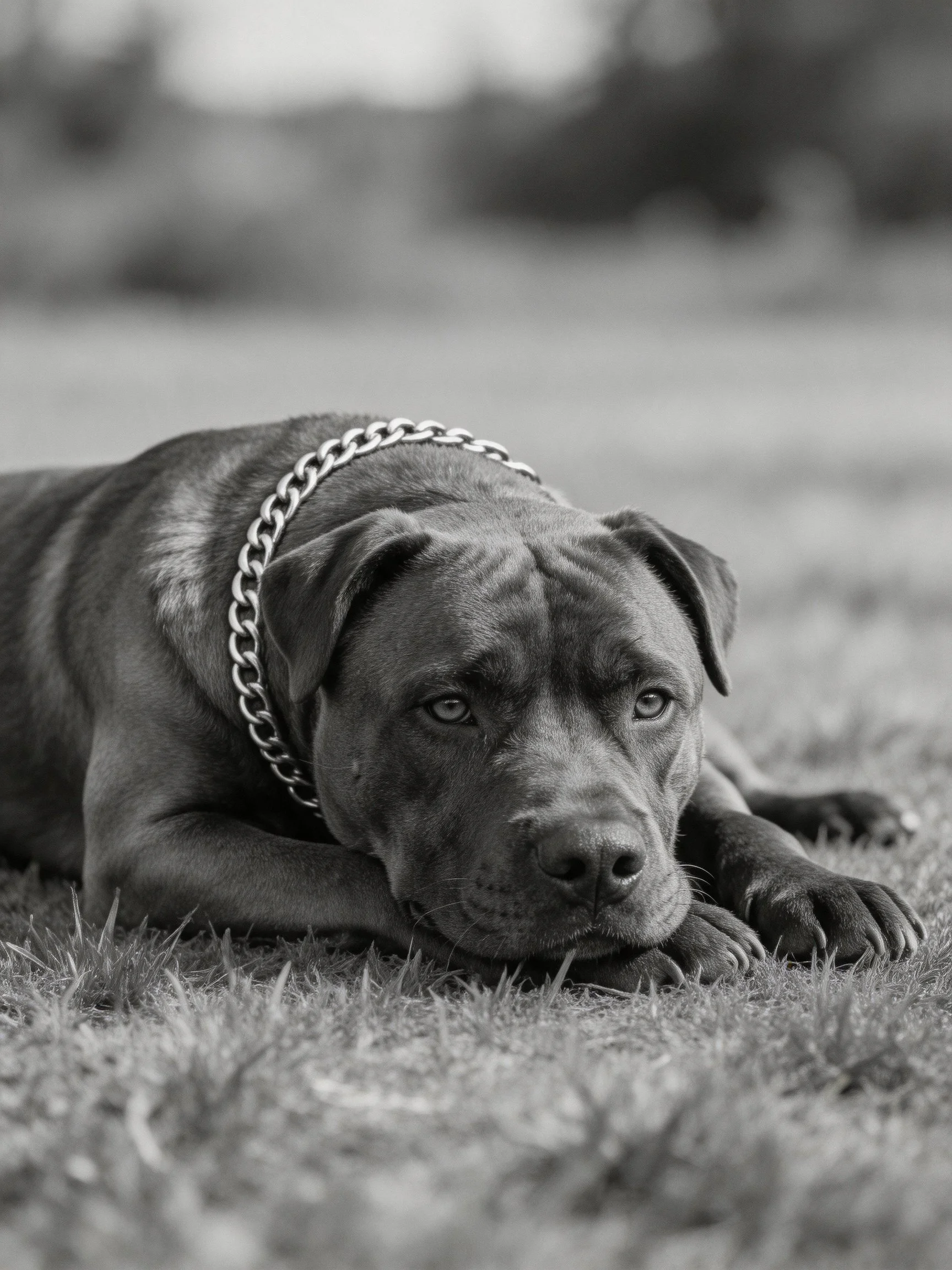 A large dog resting on grass with a thick chain collar