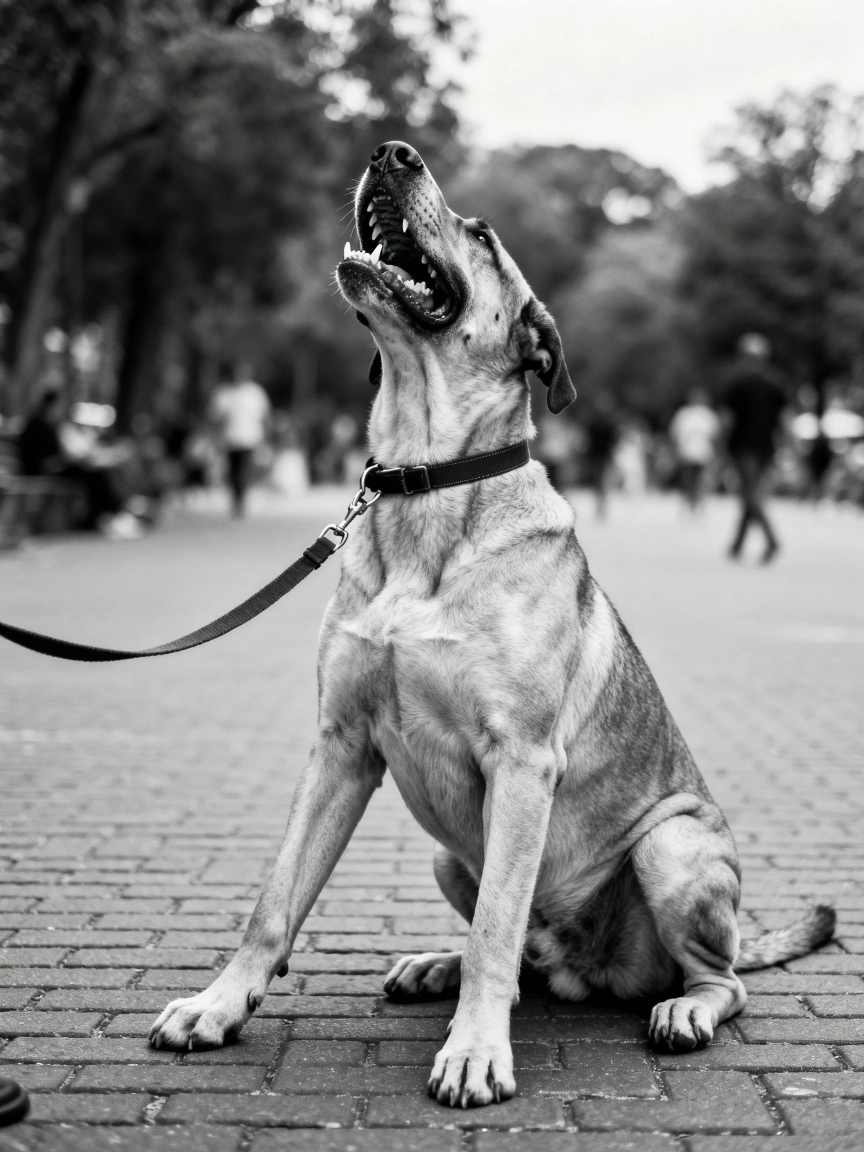 A large dog sits on a paved area with mouth open