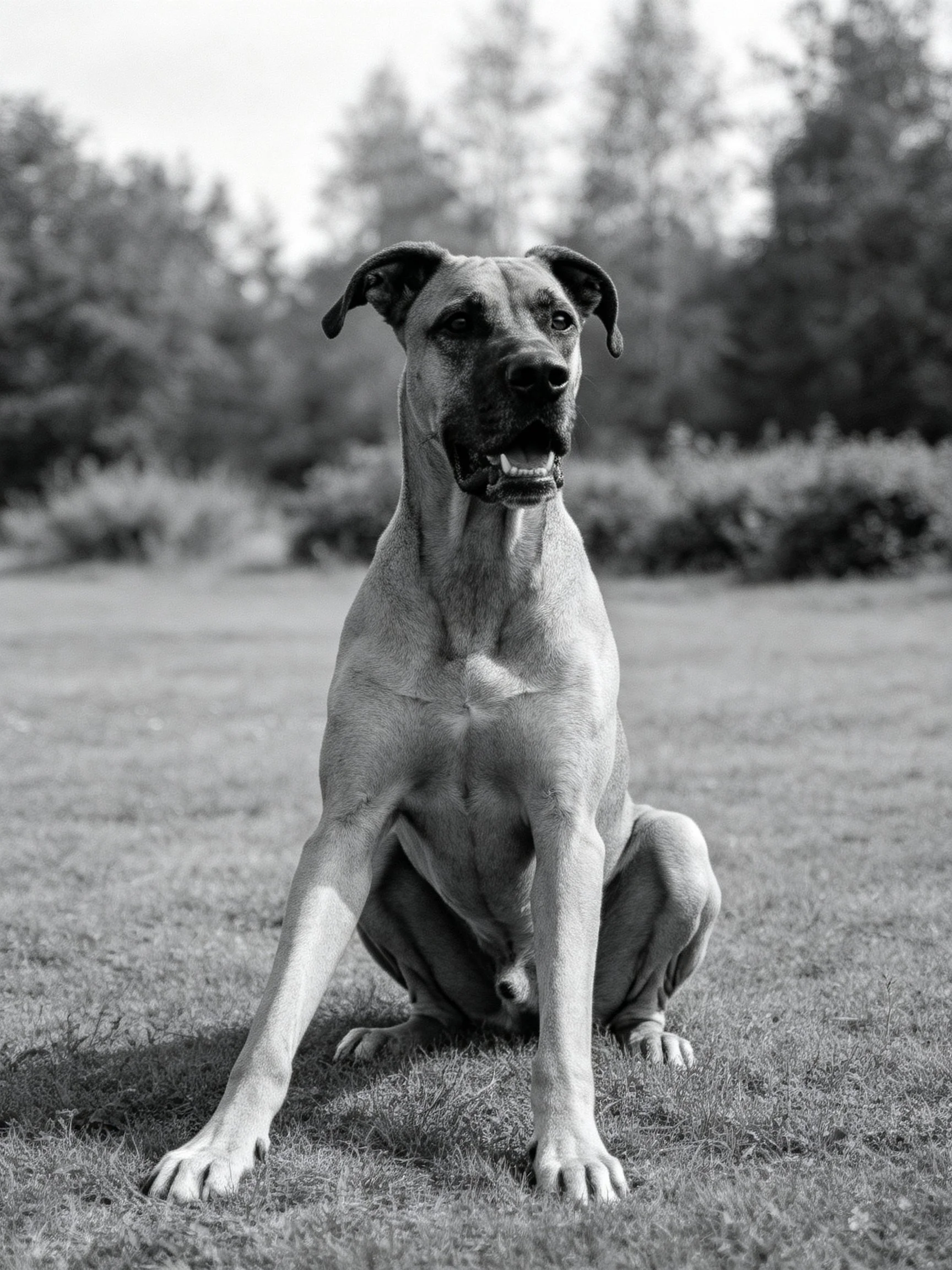 A large dog sits on grass in a black-and-white outdoor scene