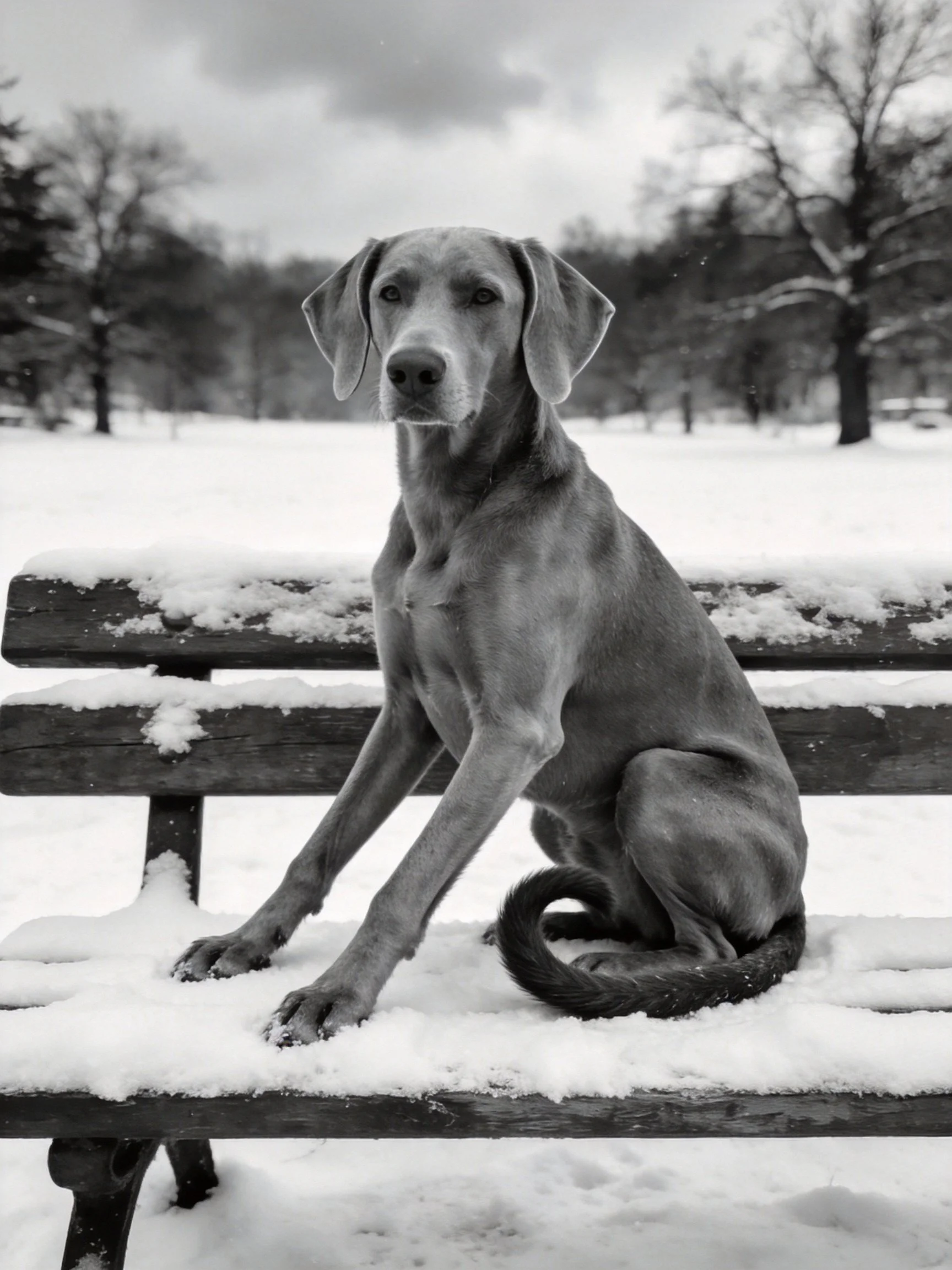 A large dog sitting on a snow-dusted wooden bench in a wintry landscape
