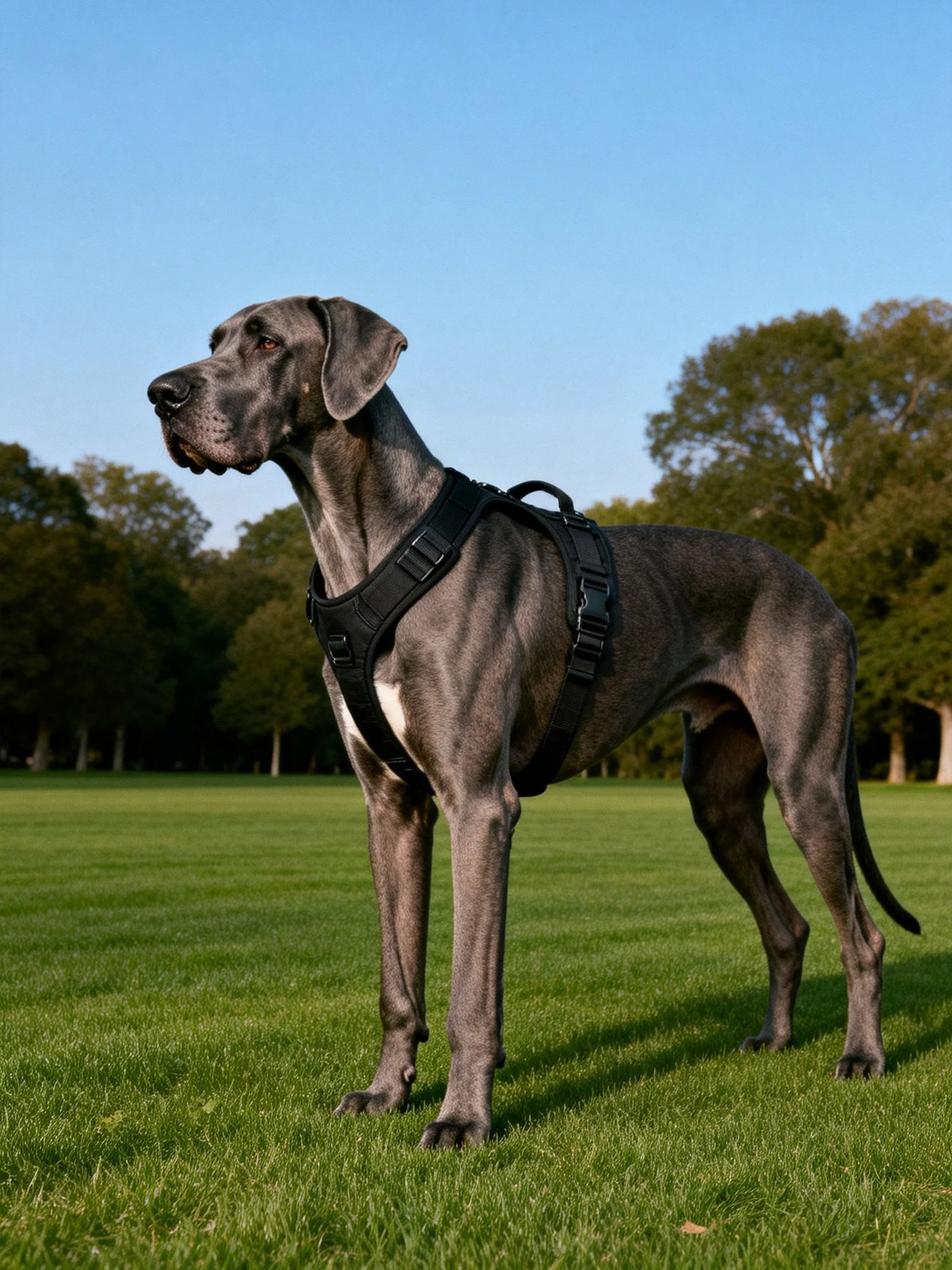 A large gray Great Dane wearing a black harness stands on a grassy field near trees and a clear sky.
