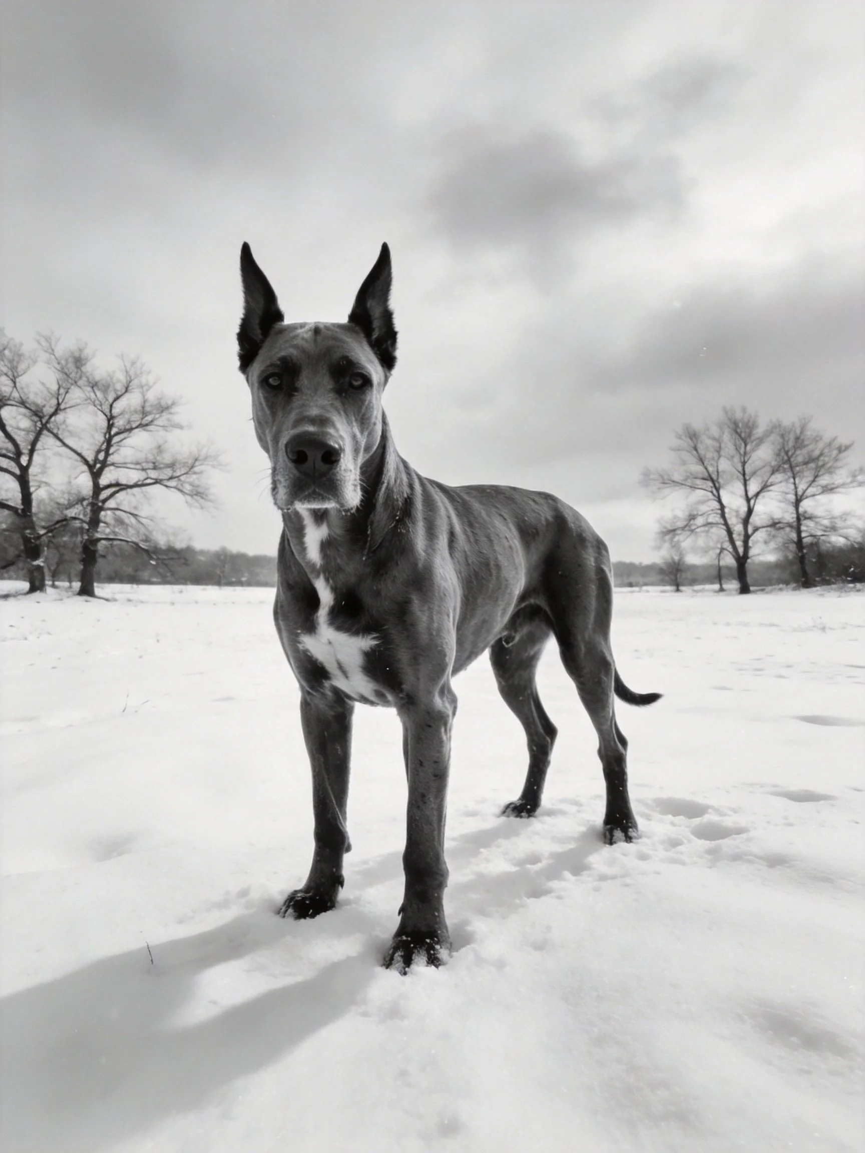 A large gray dog stands in a snowy field near bare trees.