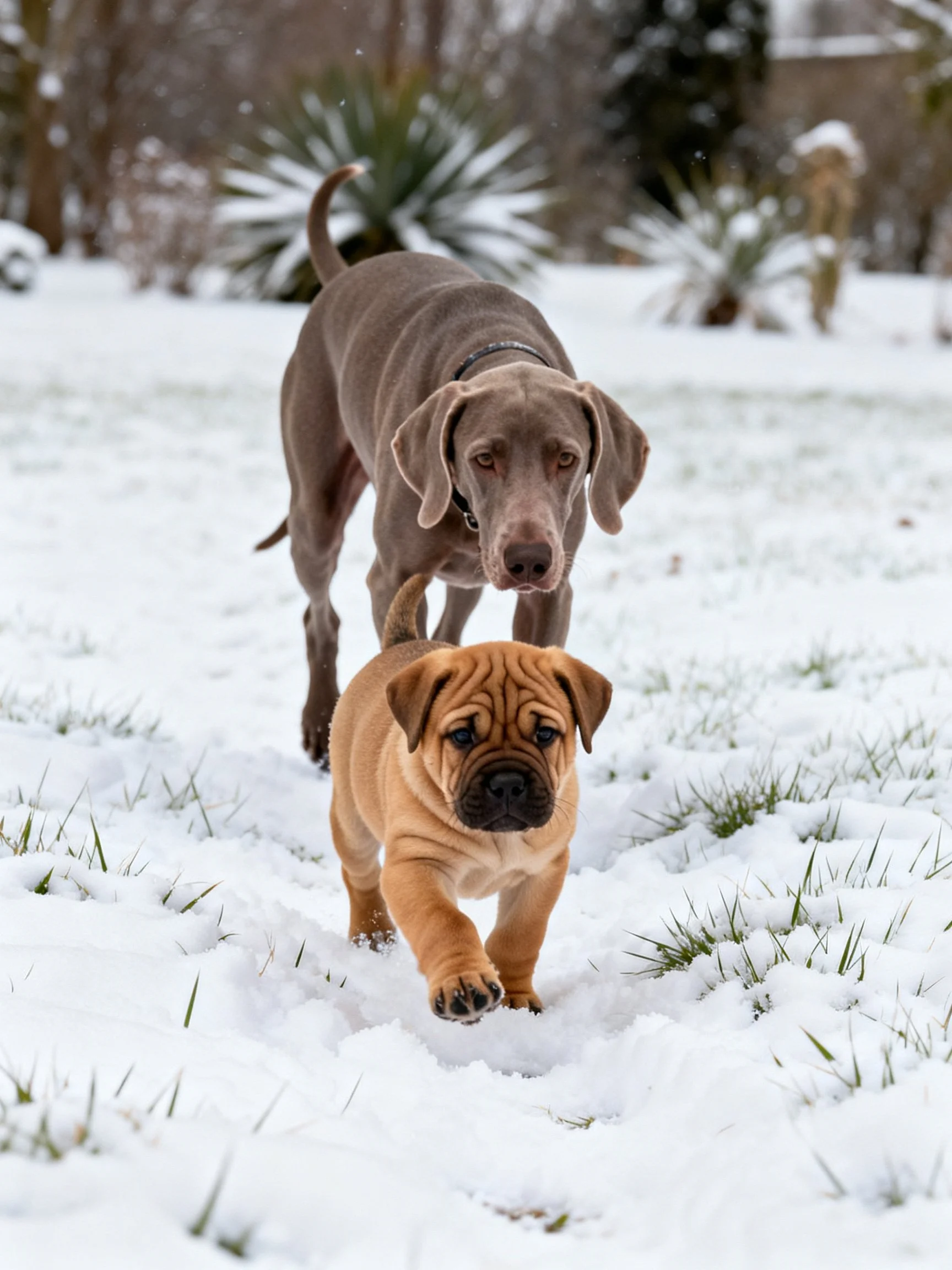 A large gray dog and small brown puppy walk through snow.