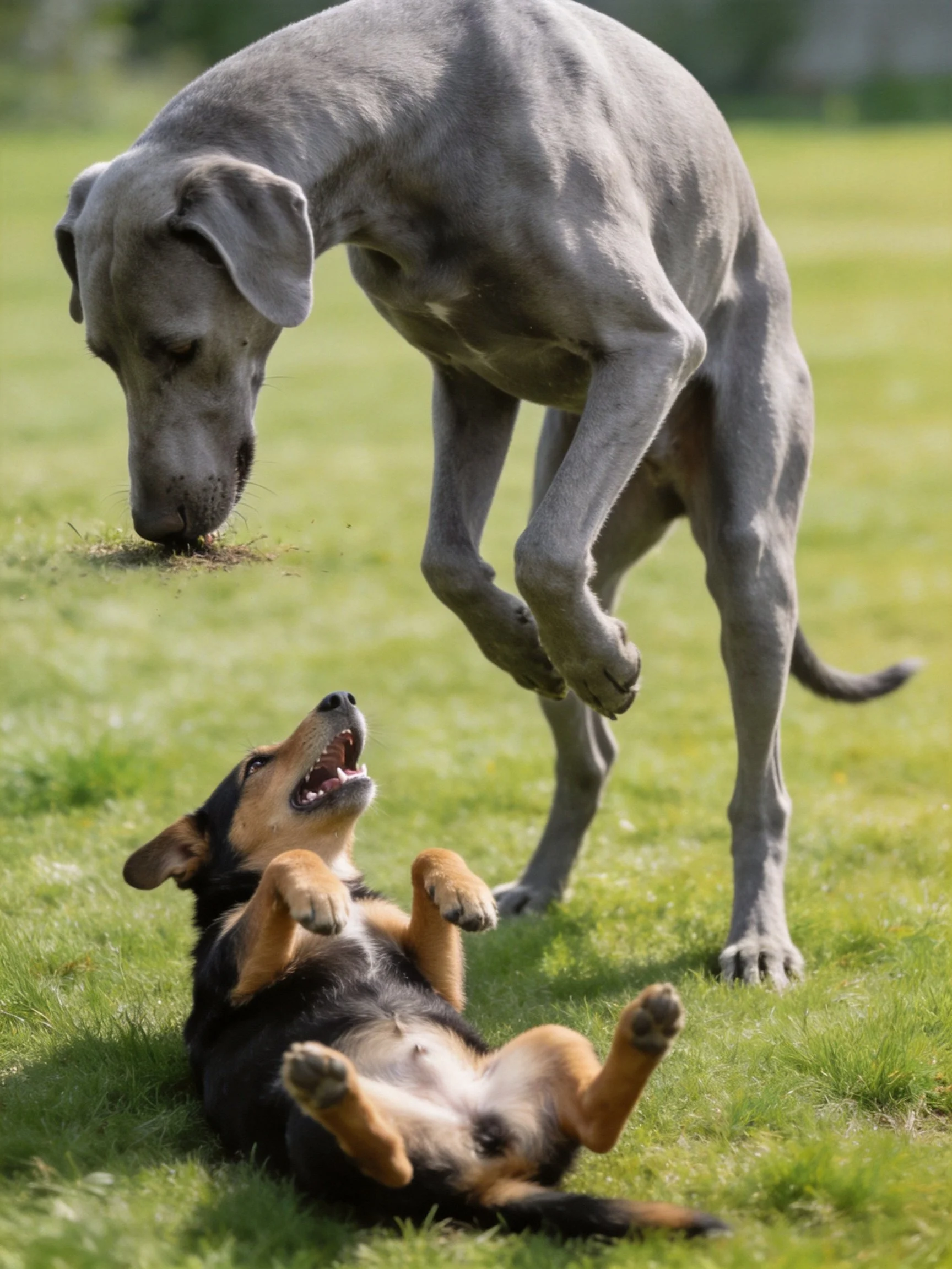 A large gray dog and a small dog play together on grass.