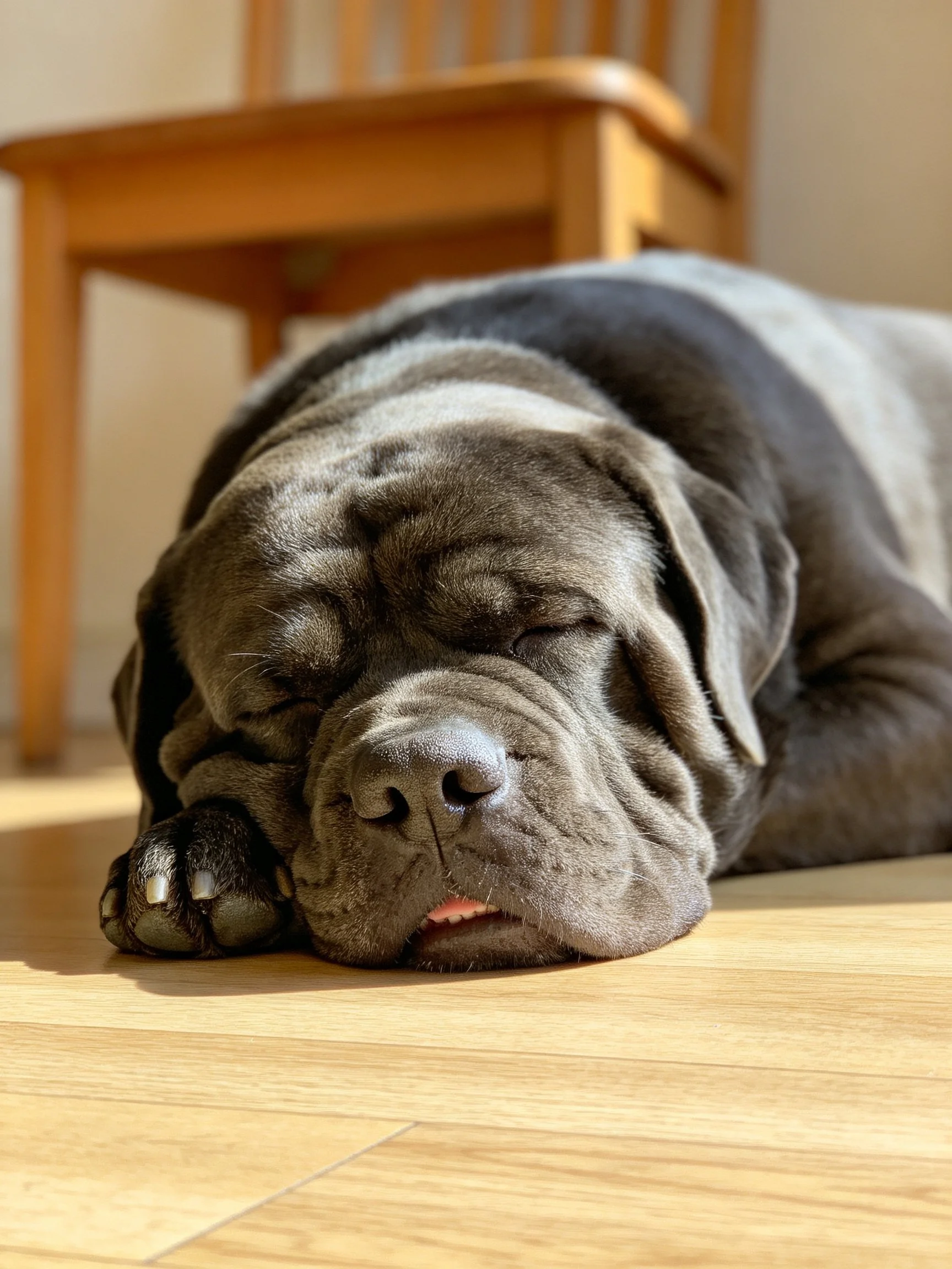 A large gray dog naps on a wooden floor near a brown chair