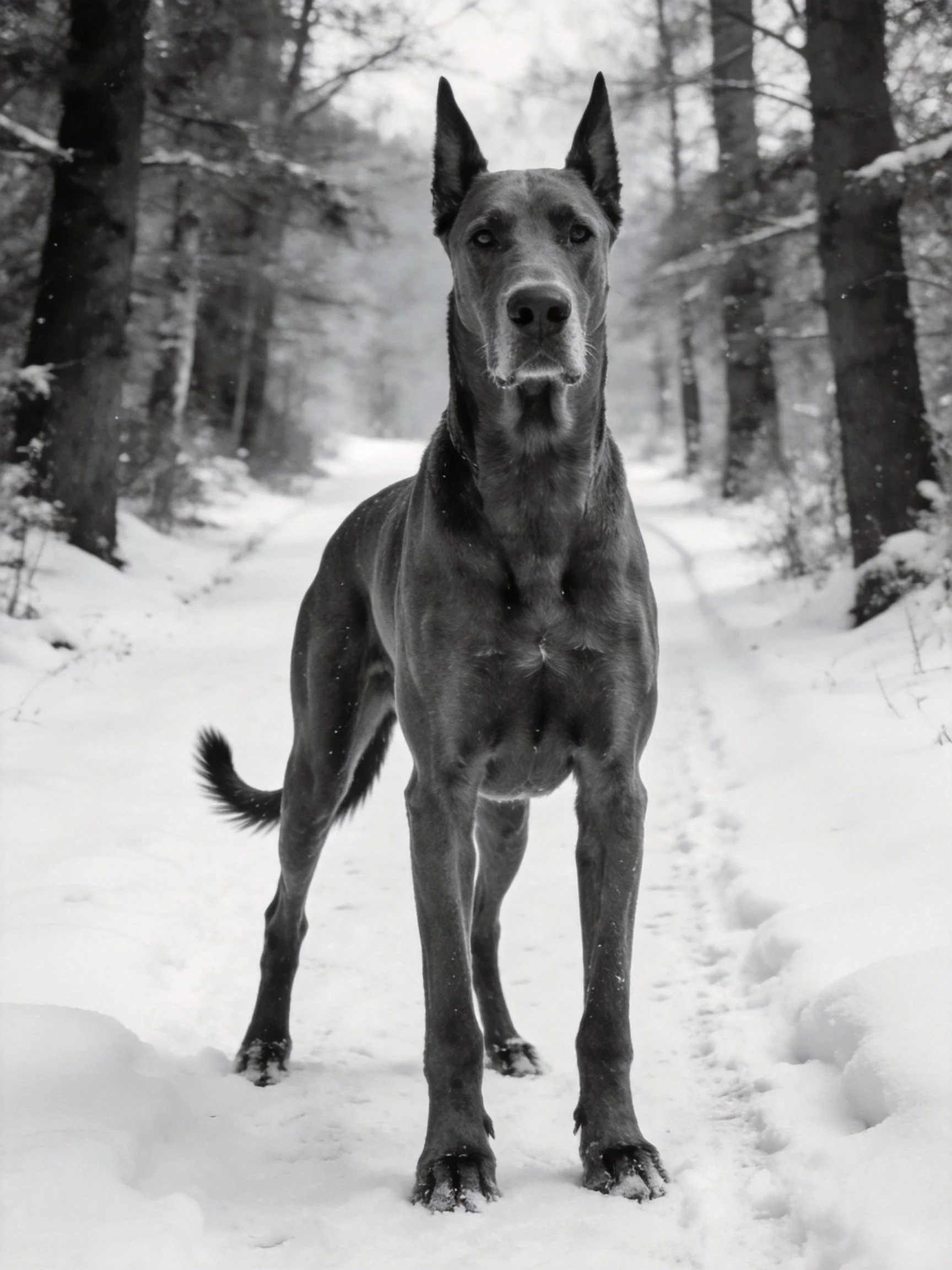 A large gray dog stands alone on a snow - covered forest trail.