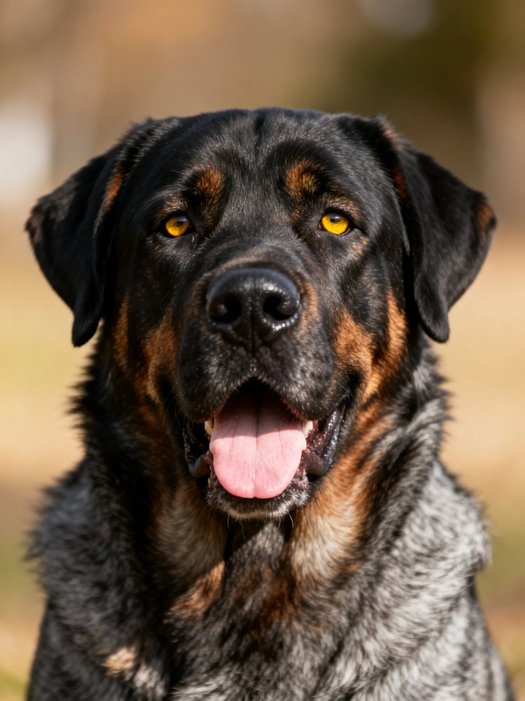 A large multi-colored dog with bright yellow eyes stands outdoors.