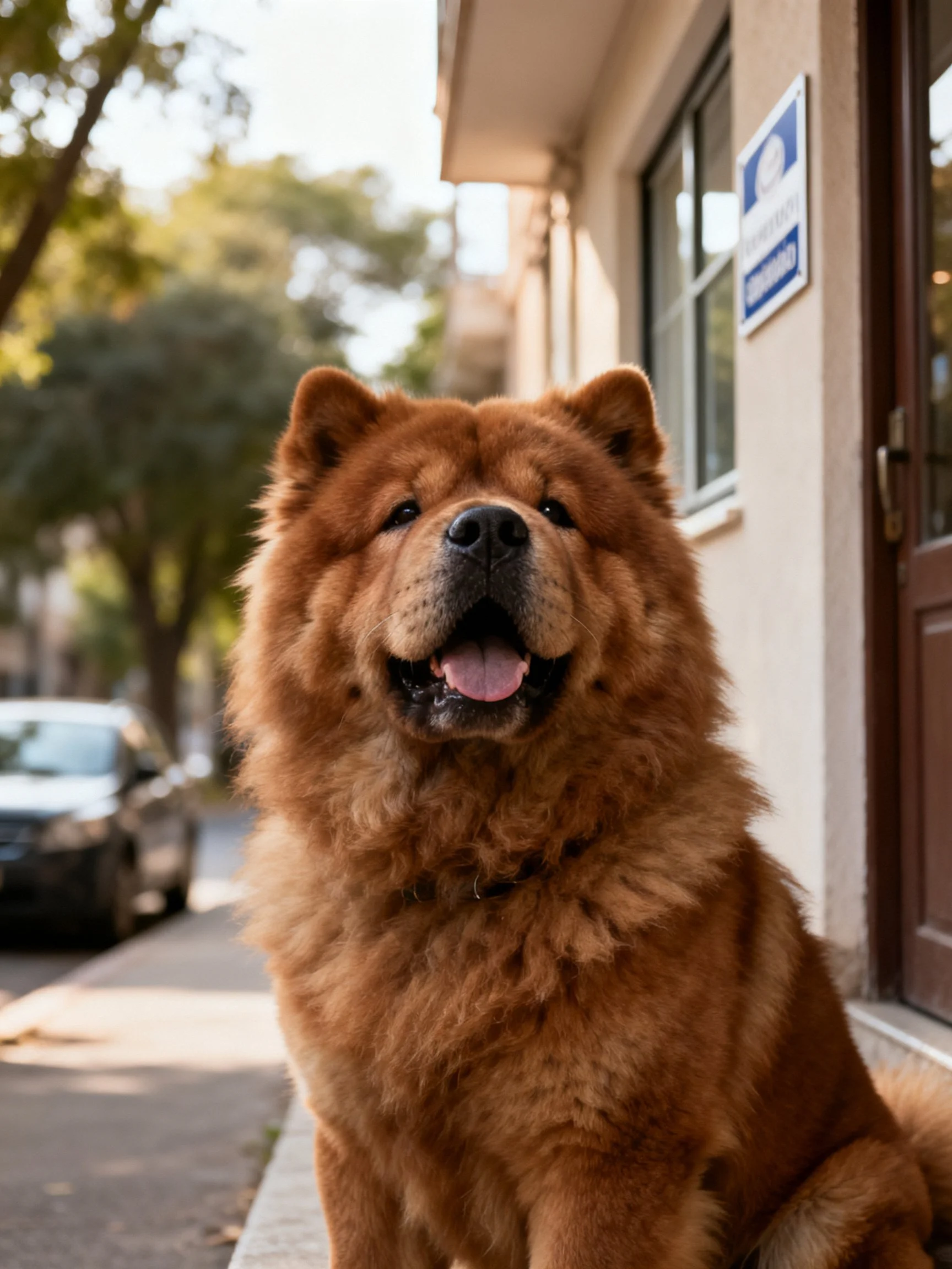 A large reddish-brown Chow dog sits near a building