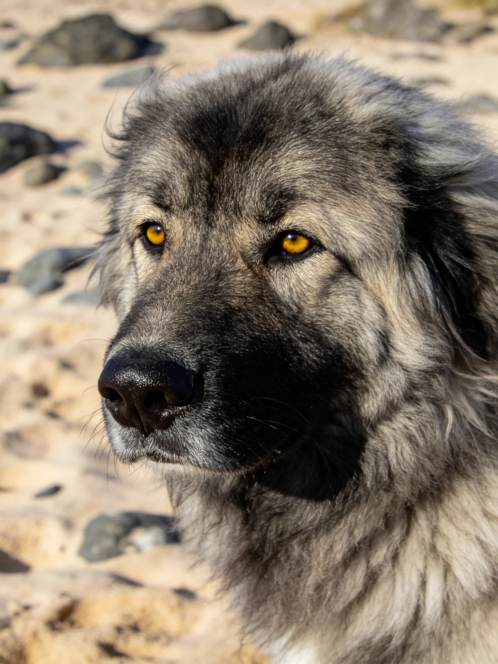 A large shaggy dog with golden eyes stands near scattered rocks.