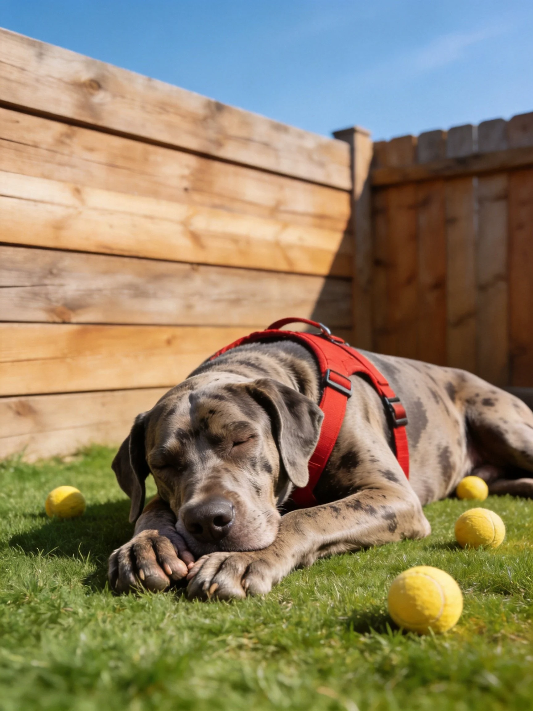 A large spotted dog in a red harness rests near yellow tennis balls
