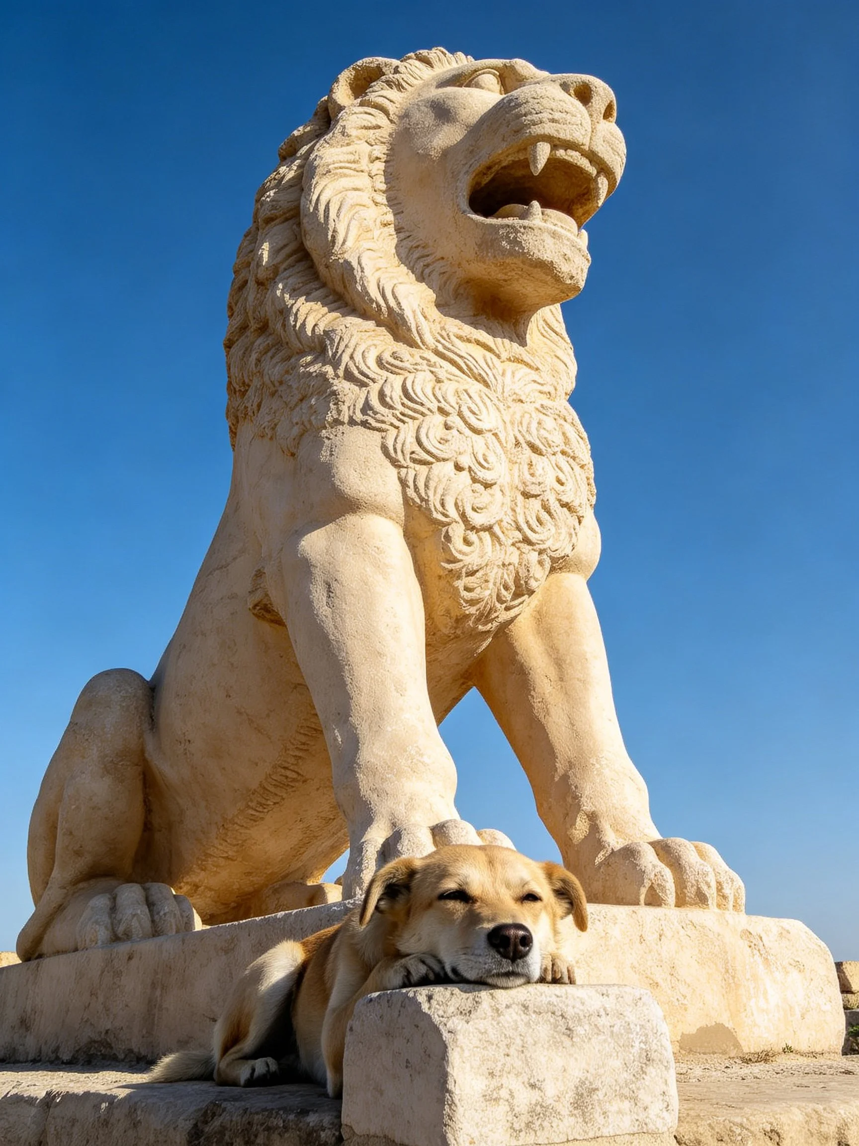 A large stone lion statue stands beside a resting dog under a clear blue sky.