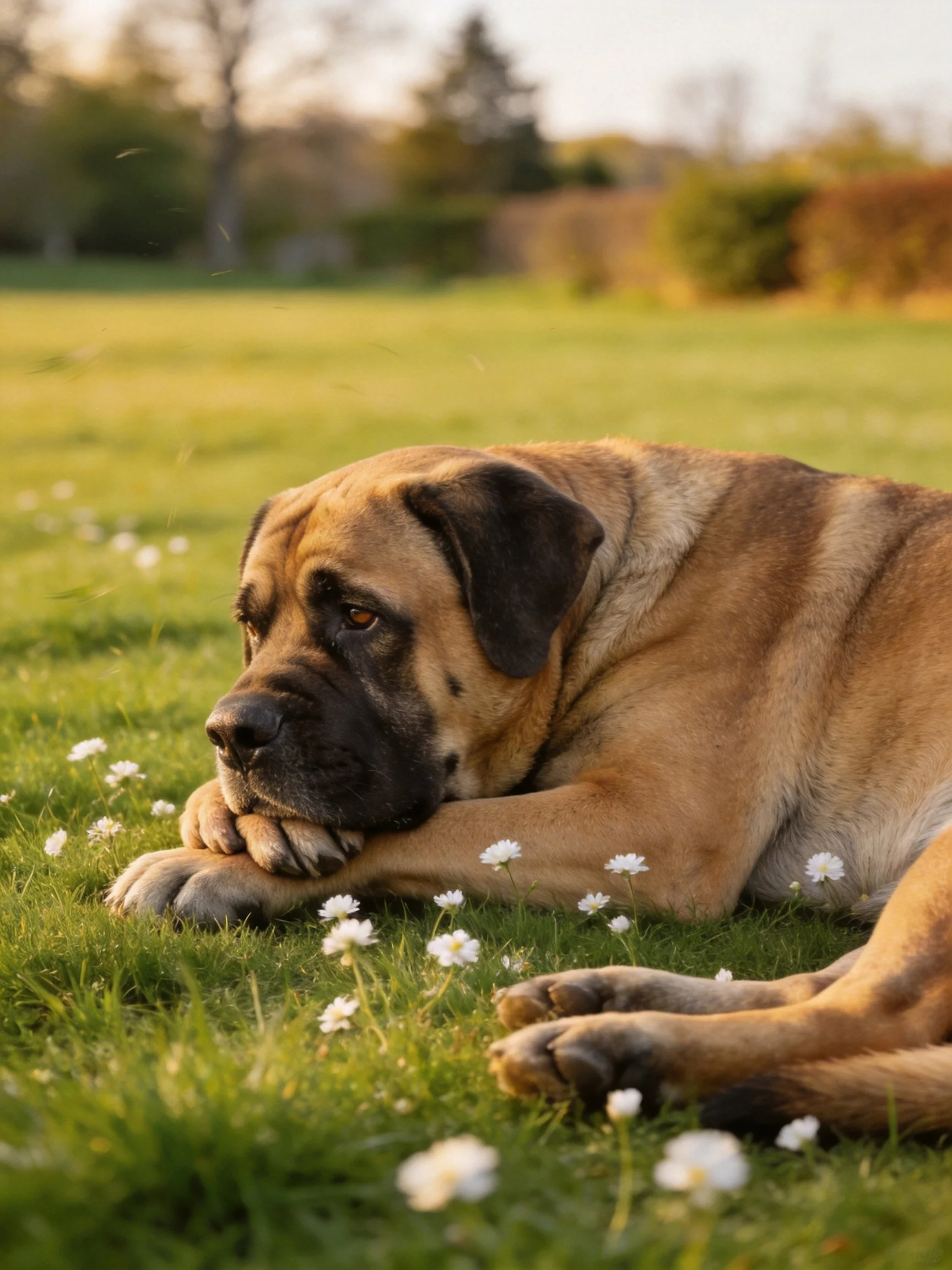 A large tan Mastiff relaxes on grass amid white flowers