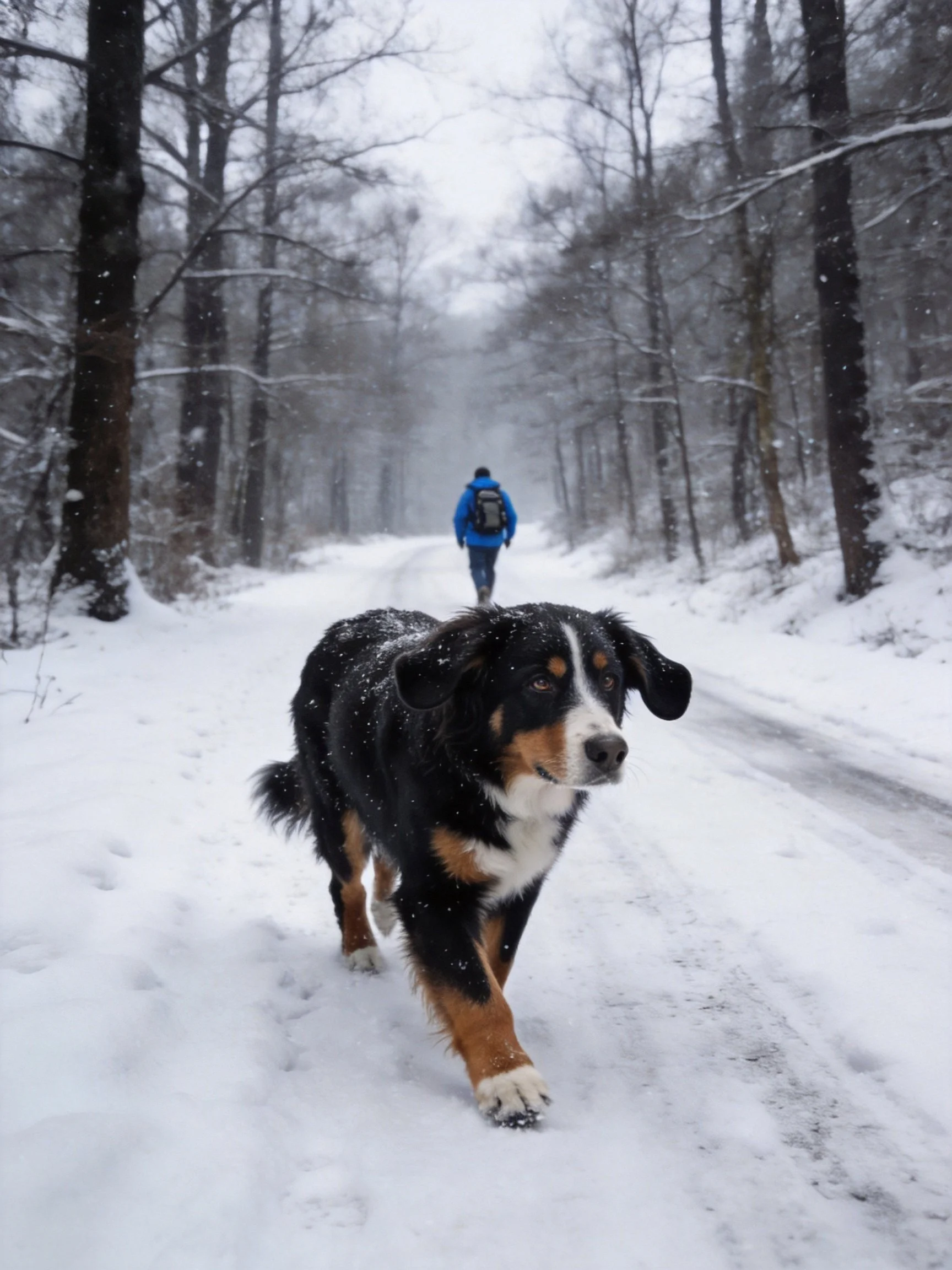 A large tri - colored dog walks on a snow - covered forest path with a hiker