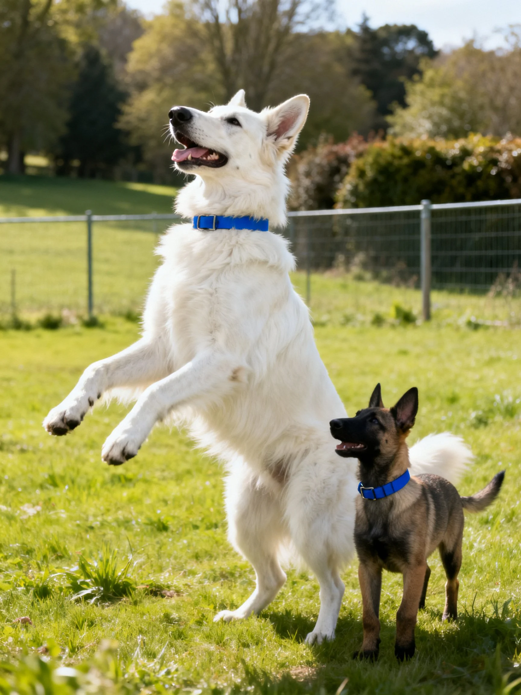 A large white dog leaps near a small brown dog in a fenced grassy outdoor area.