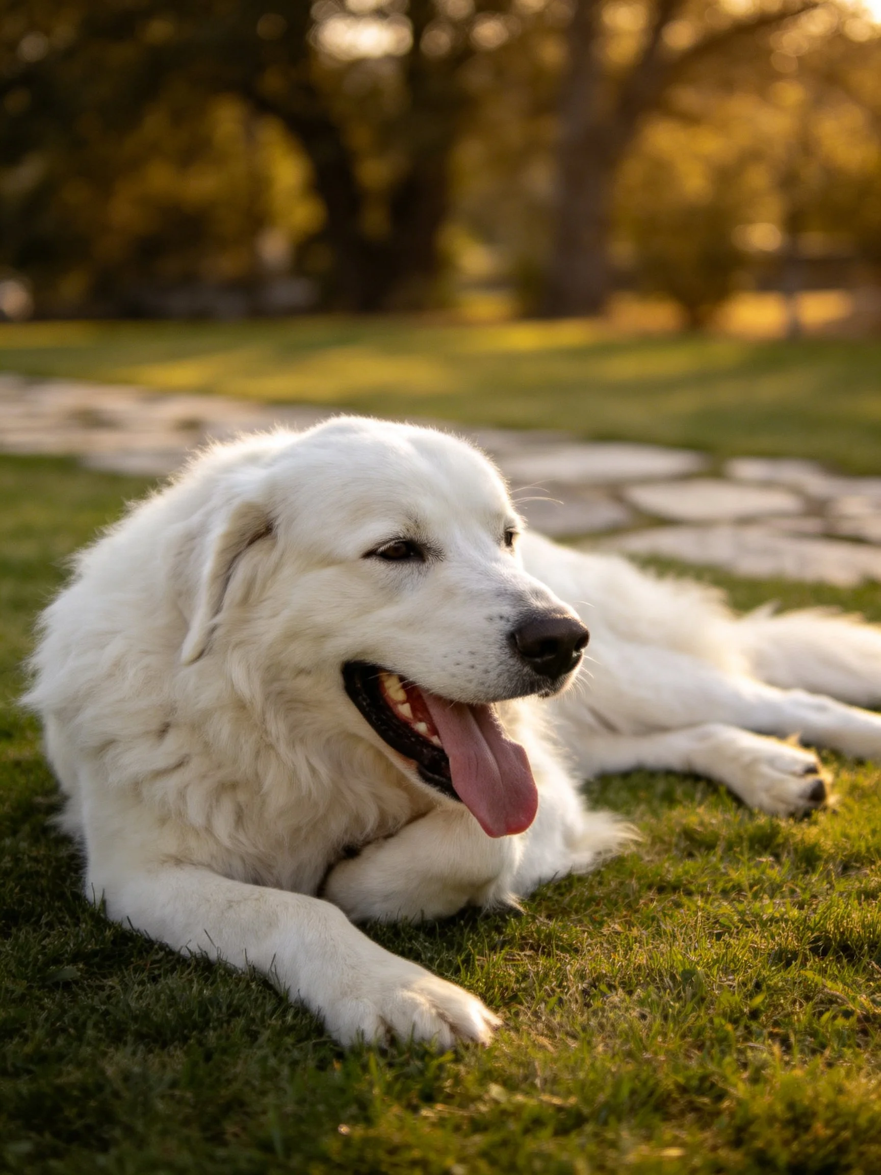 A large white dog relaxes on grass in a sunlit outdoor area.