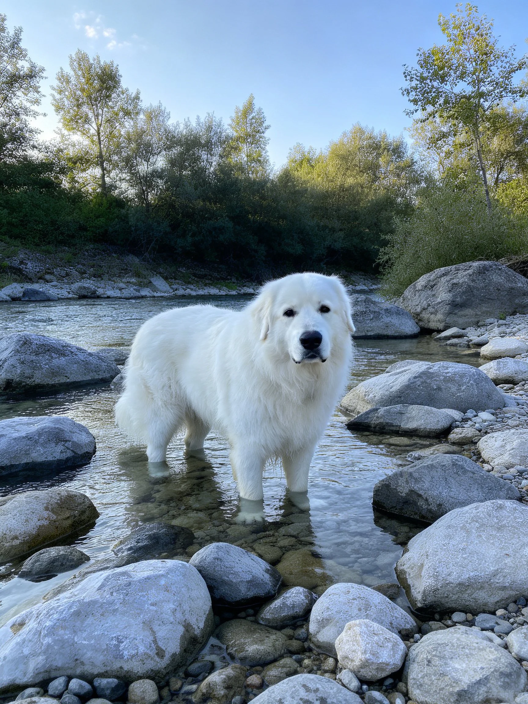 A large white dog stands in a shallow rocky stream amid natural surroundings.