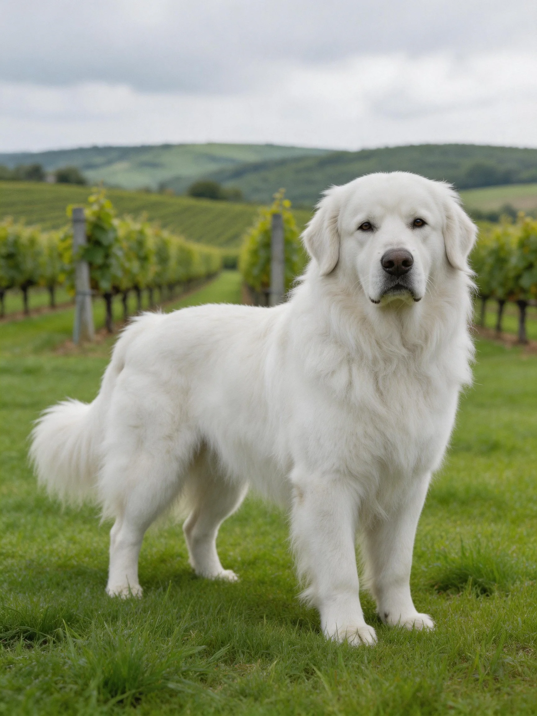 A large white dog stands in a vineyard with rolling hills in the background