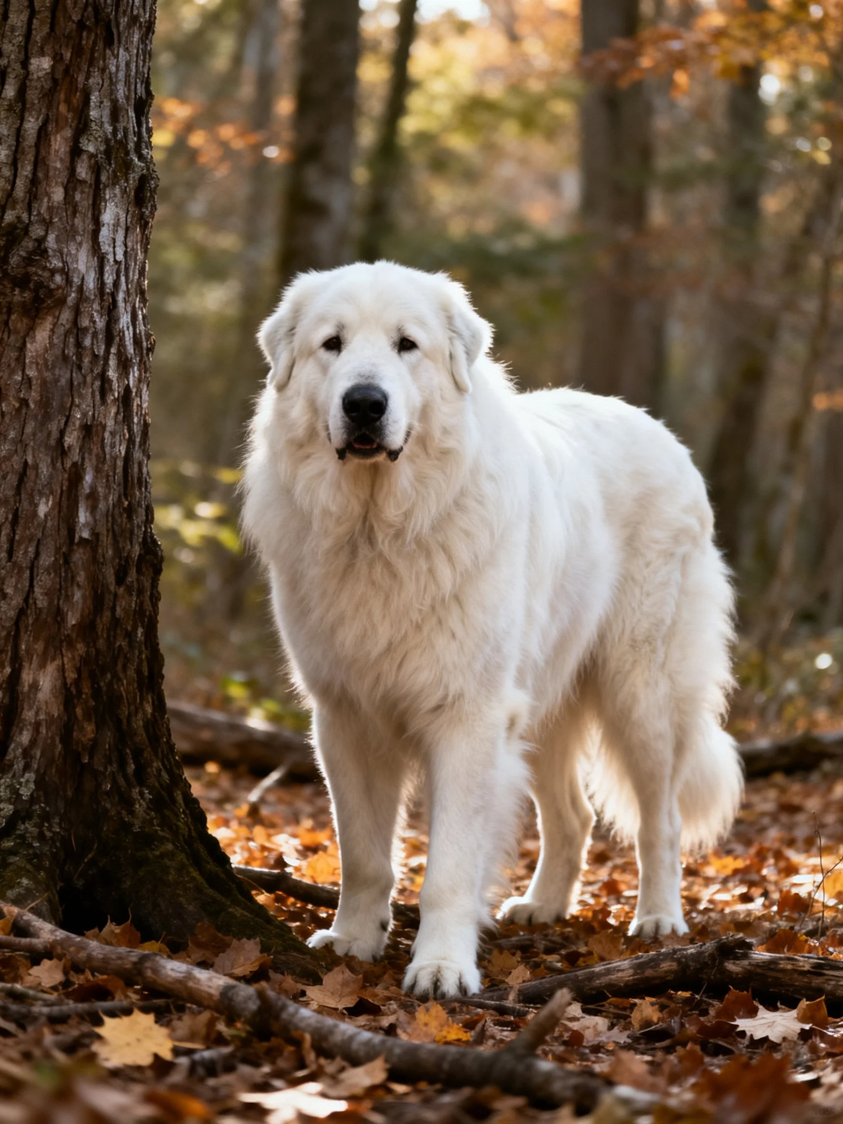 A large white dog stands among autumn trees and fallen leaves.