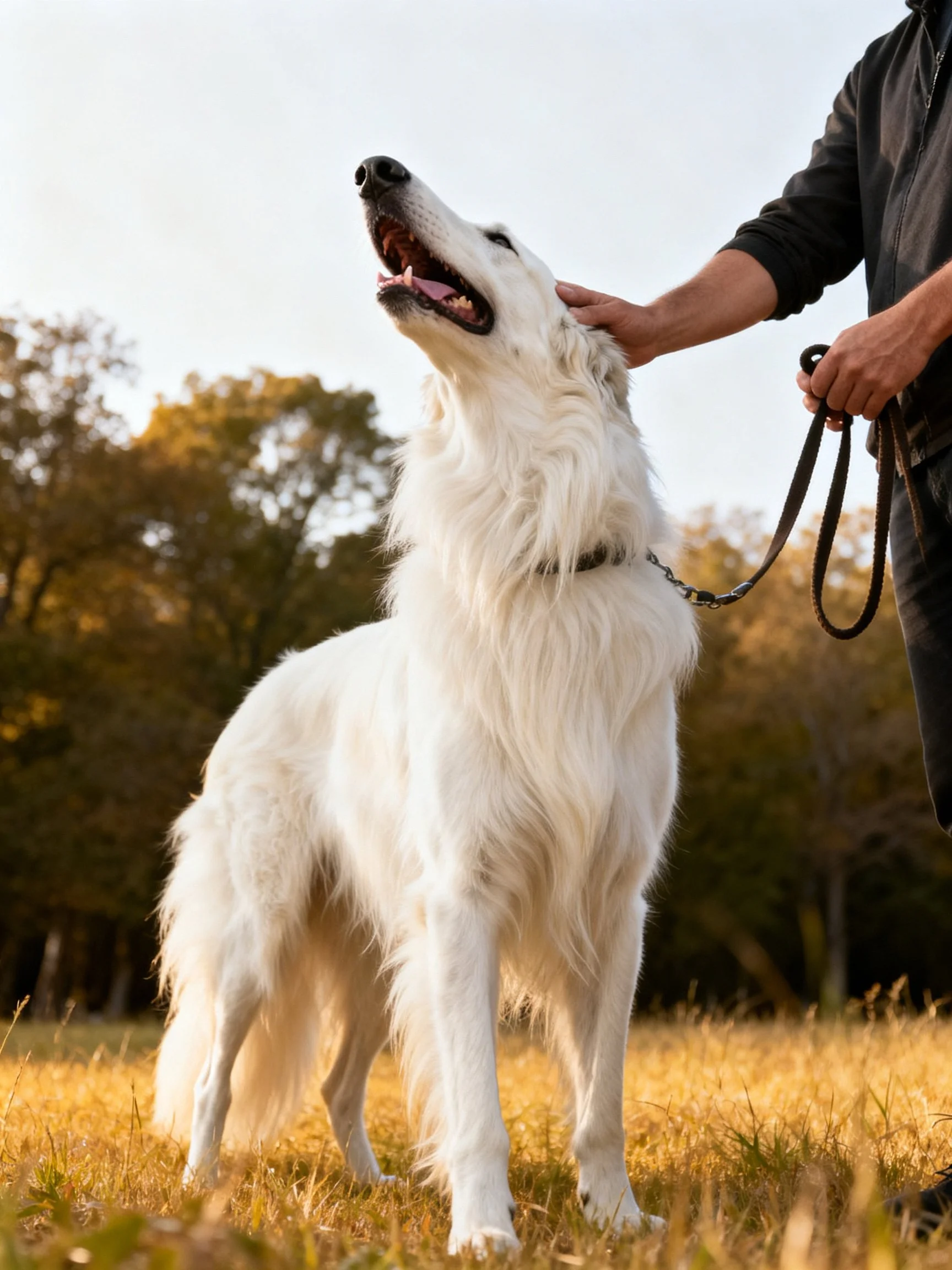 A large white dog is petted by a handler in an open field.