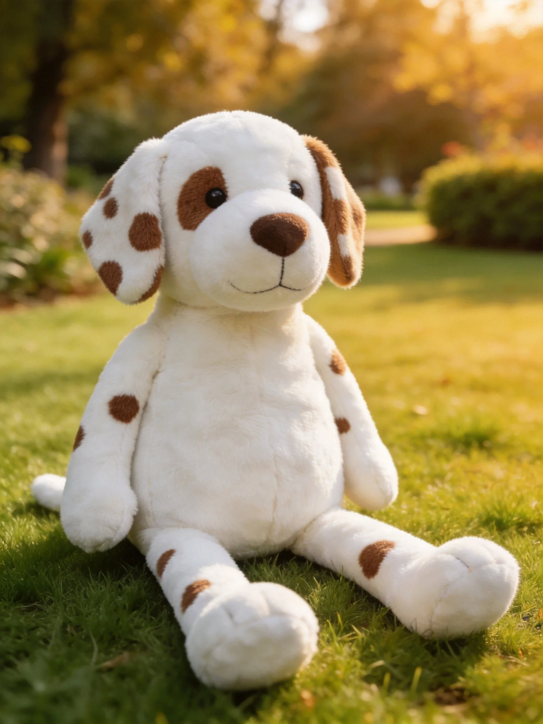 A large white stuffed spotted dog toy rests on grass in a sunlit outdoor area.