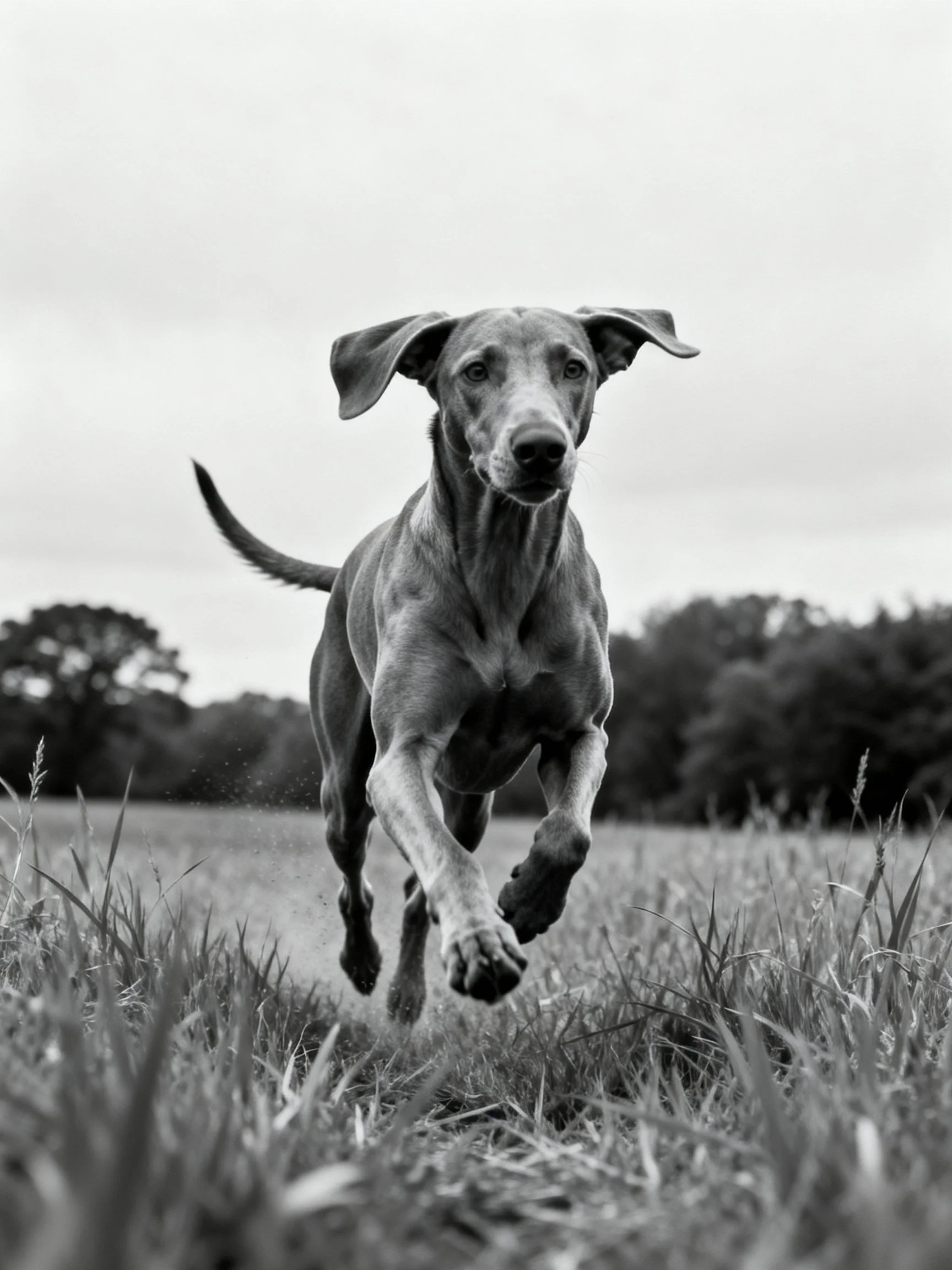 A lean dog runs through tall grass in a rural landscape