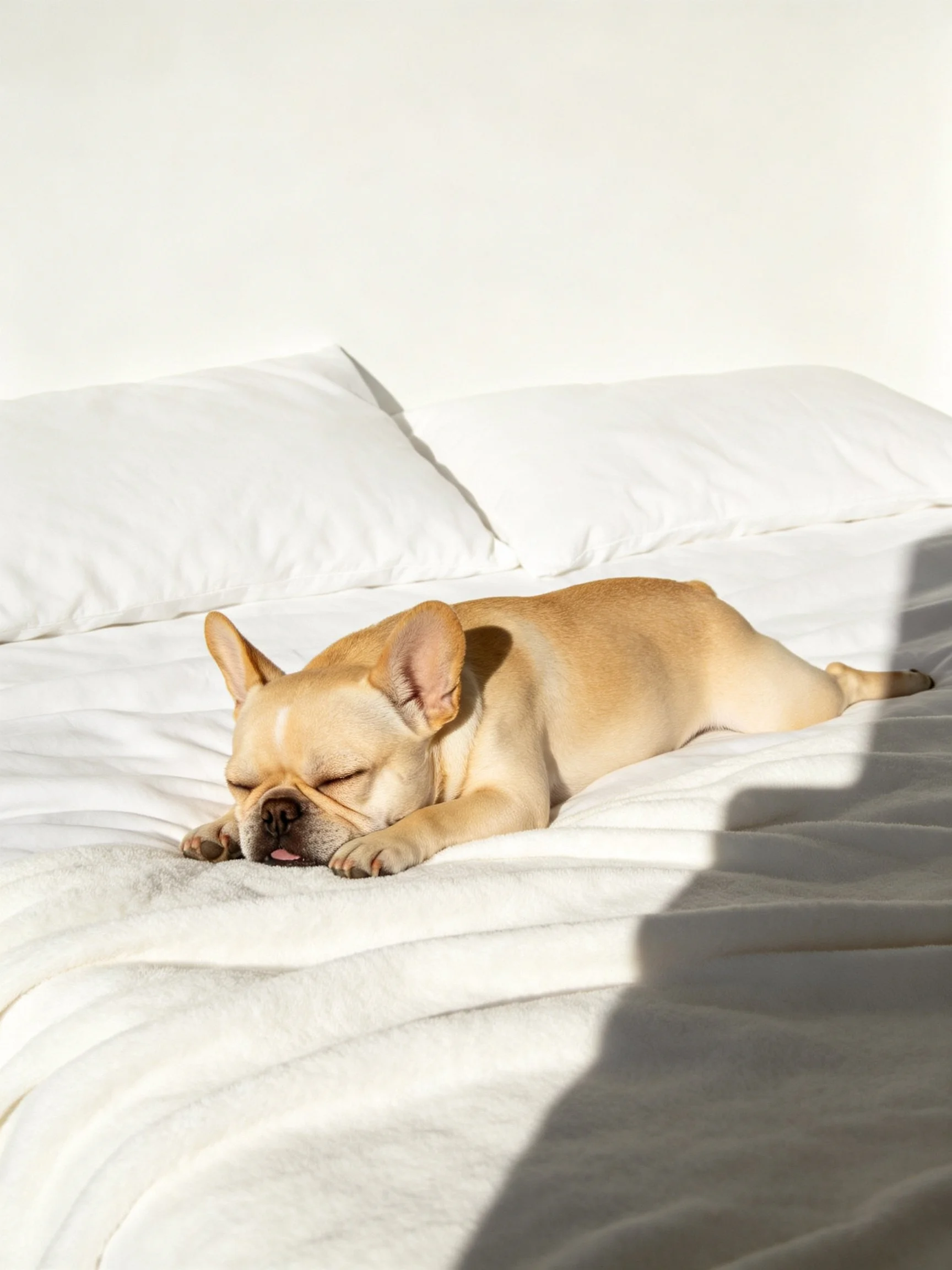A French bulldog sleeps peacefully on a white bed with pillows