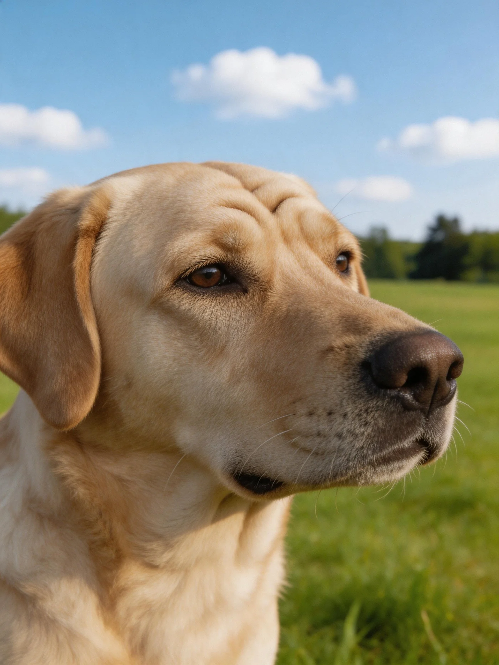 A light brown Labrador retriever gazes toward the horizon in a sunny outdoor setting.