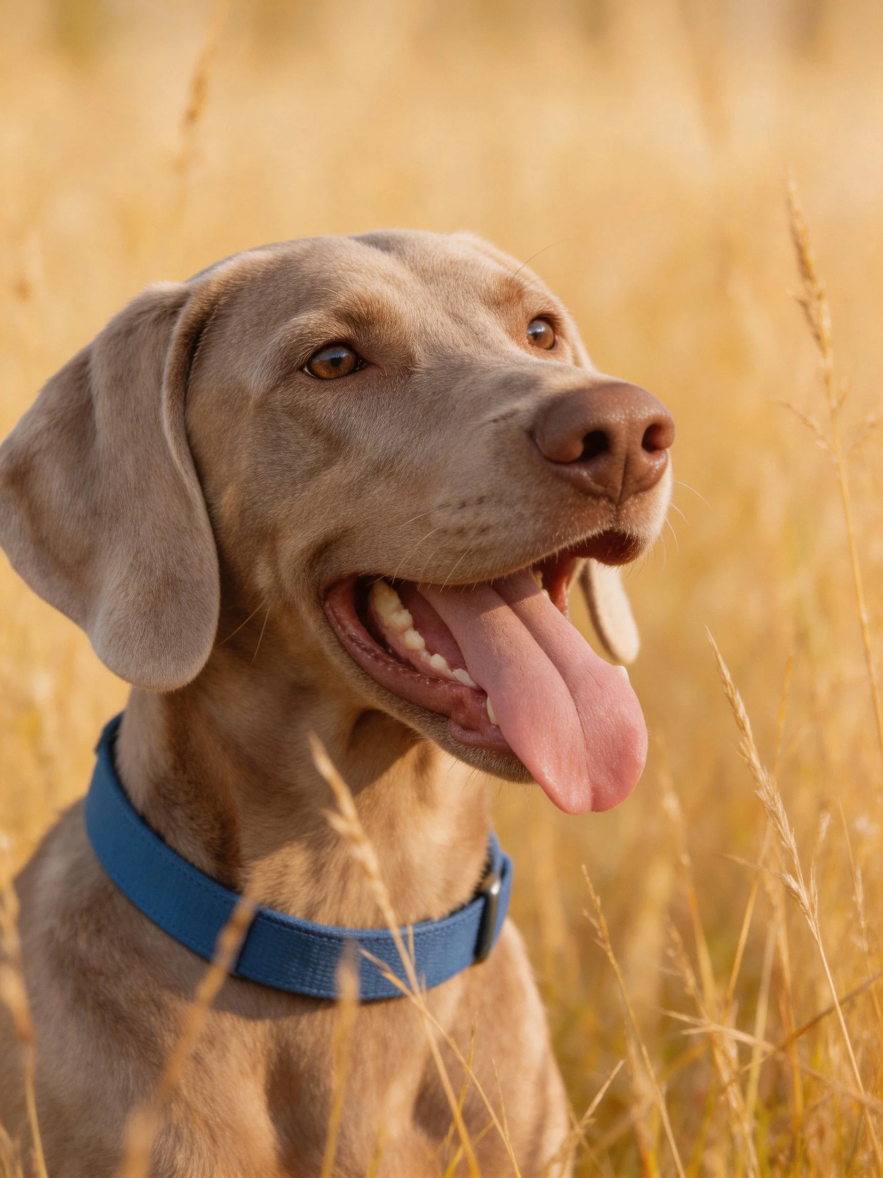 A light brown Weimaraner with a blue collar in a golden field