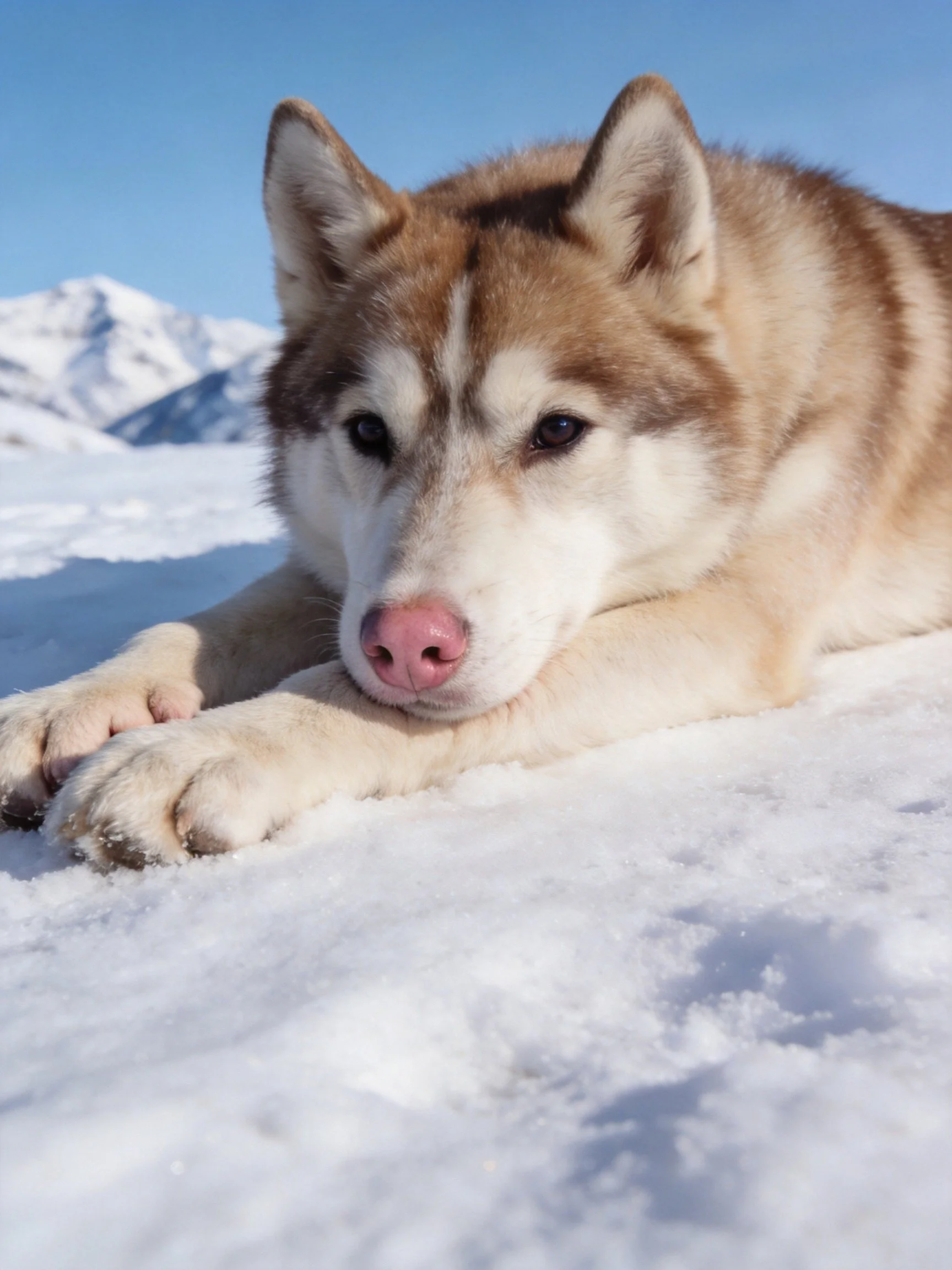 A husky rests on snowy terrain near mountain peaks.