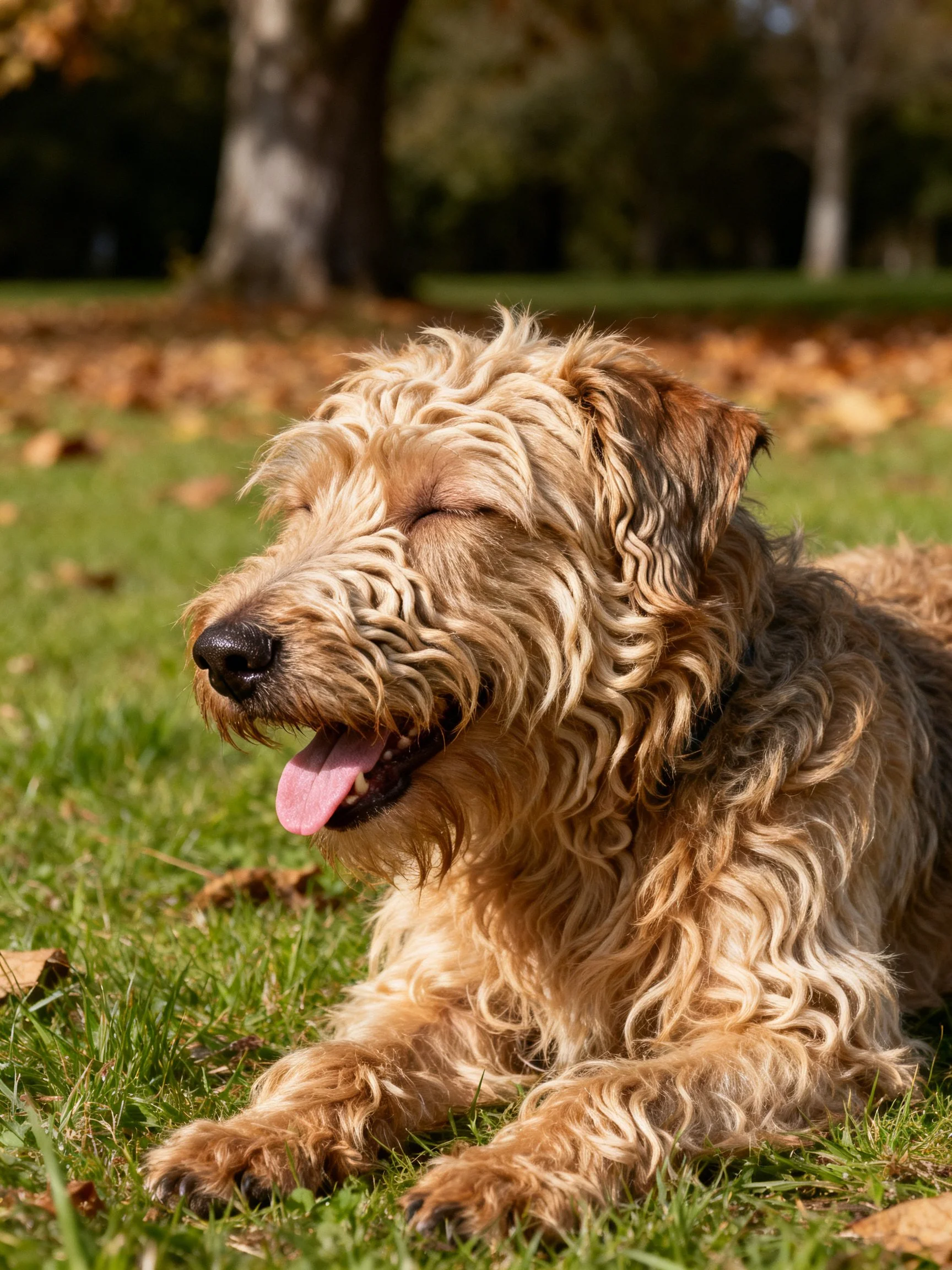 A light brown curly-coated dog rests on grass near autumn trees