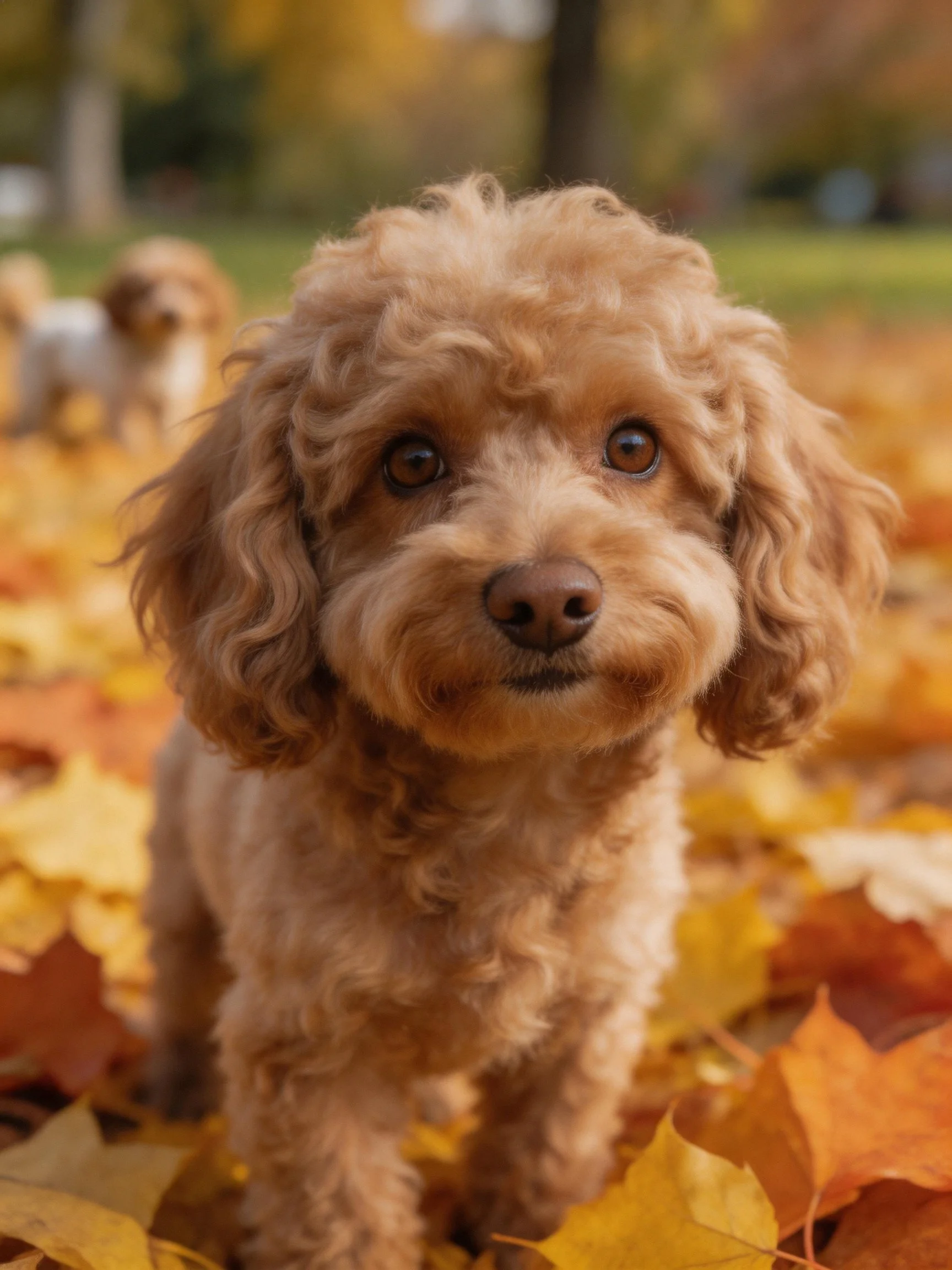 A light brown curly-haired dog stands among fallen autumn leaves.
