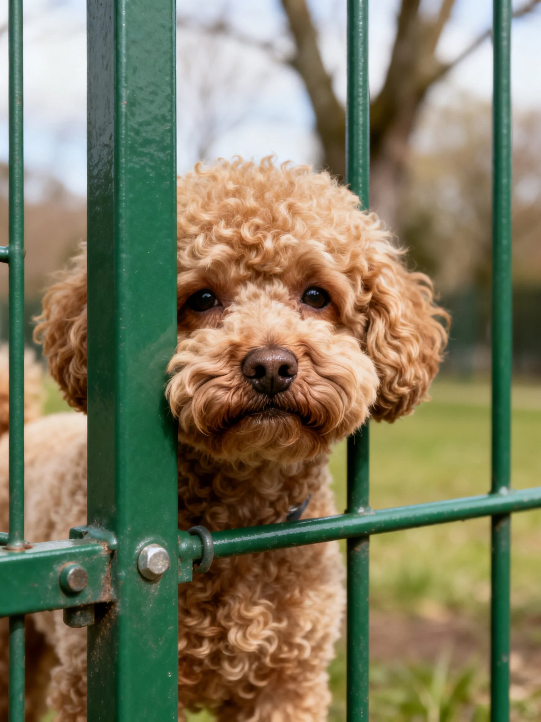 A light brown curly-haired dog looks through green metal bars outdoors.