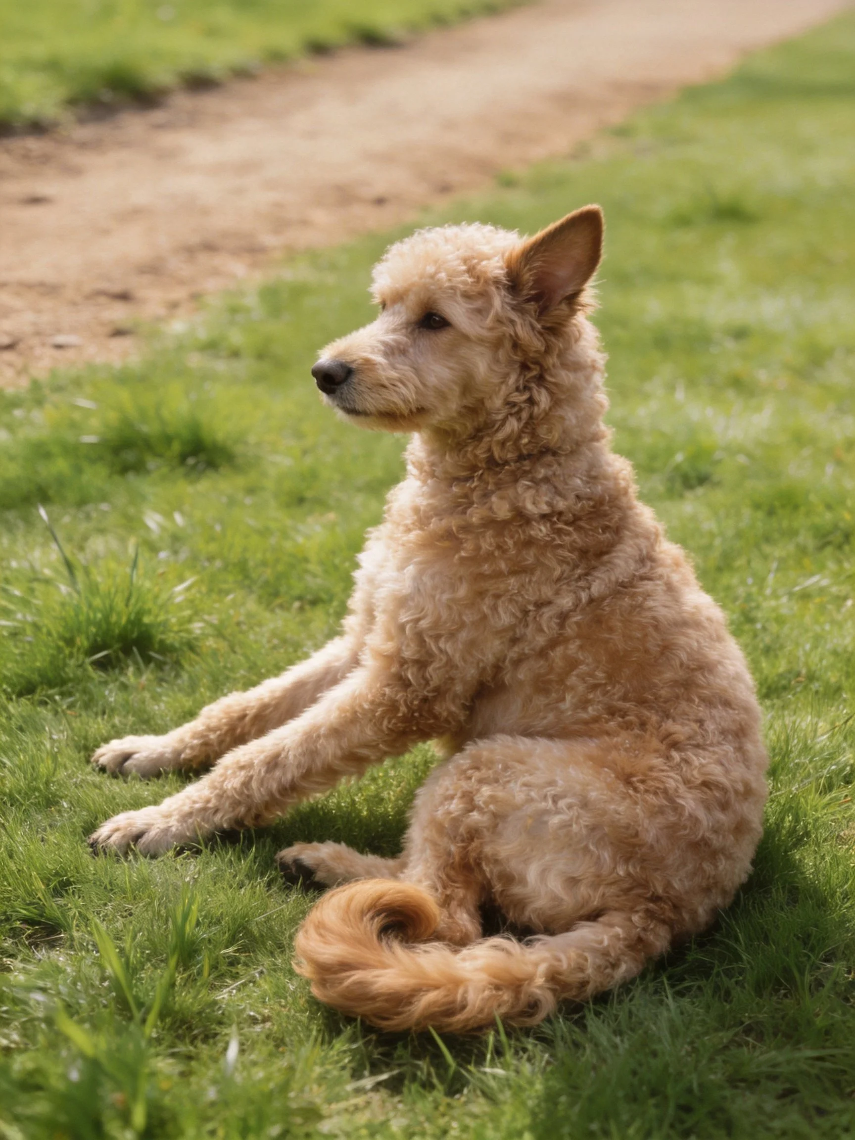 A light brown curly-haired dog sits calmly on green grass near a dirt path