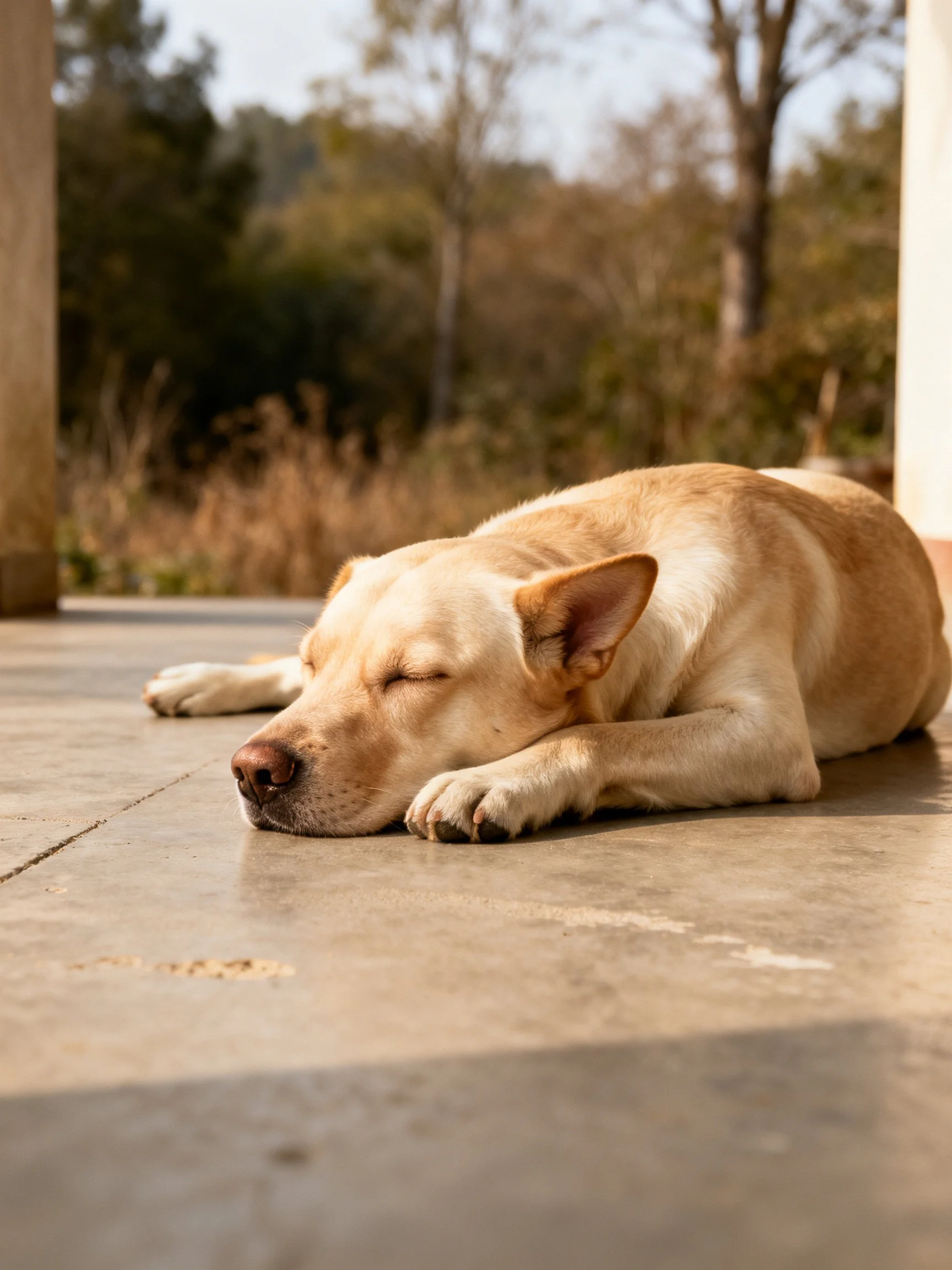 A light brown dog naps on a smooth concrete porch with nature in the background.