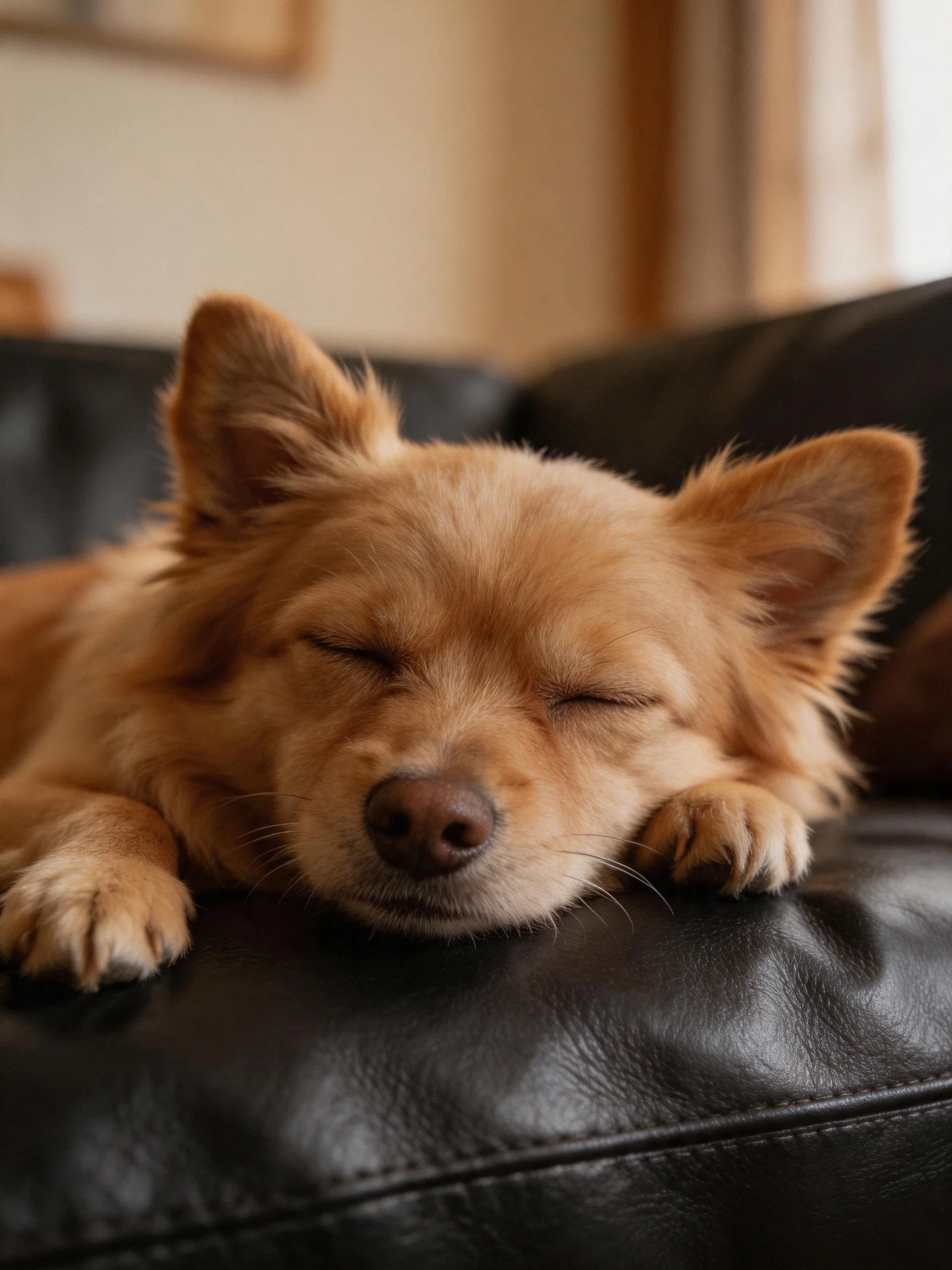 A light brown dog sleeps with closed eyes on a black leather couch
