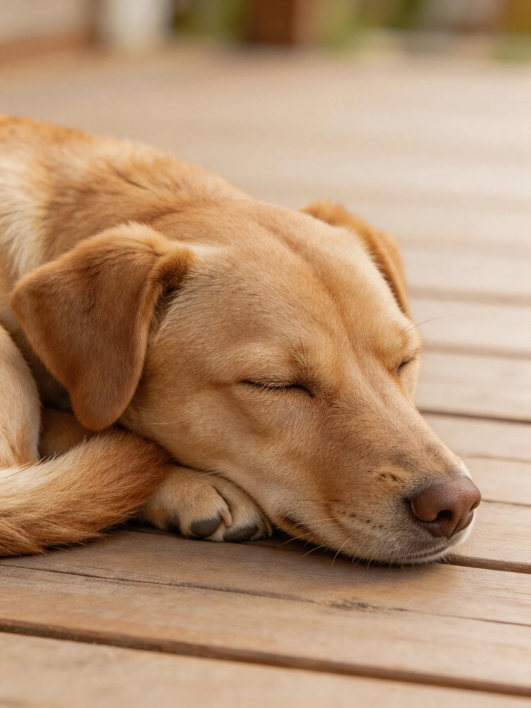A light brown dog rests with closed eyes on a wooden surface.