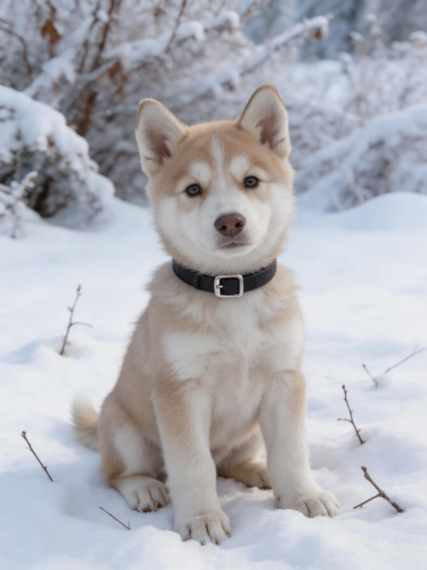 A light brown husky puppy sitting in a snowy winter landscape
