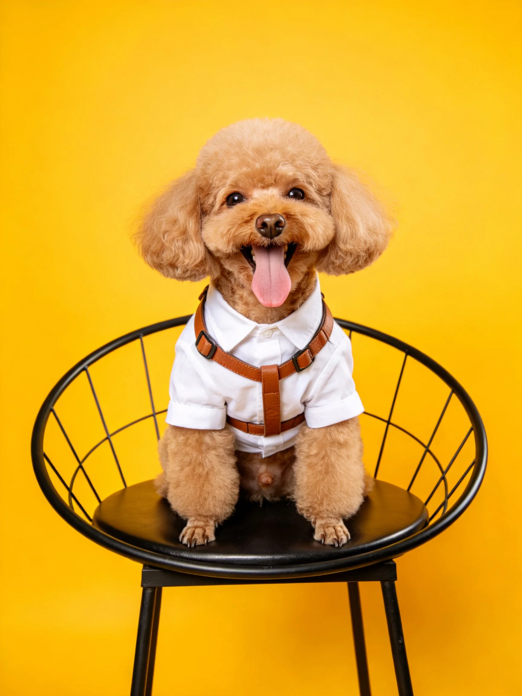 A well-groomed light brown poodle wearing a white shirt and brown harness sits on a black chair with a bright yellow background