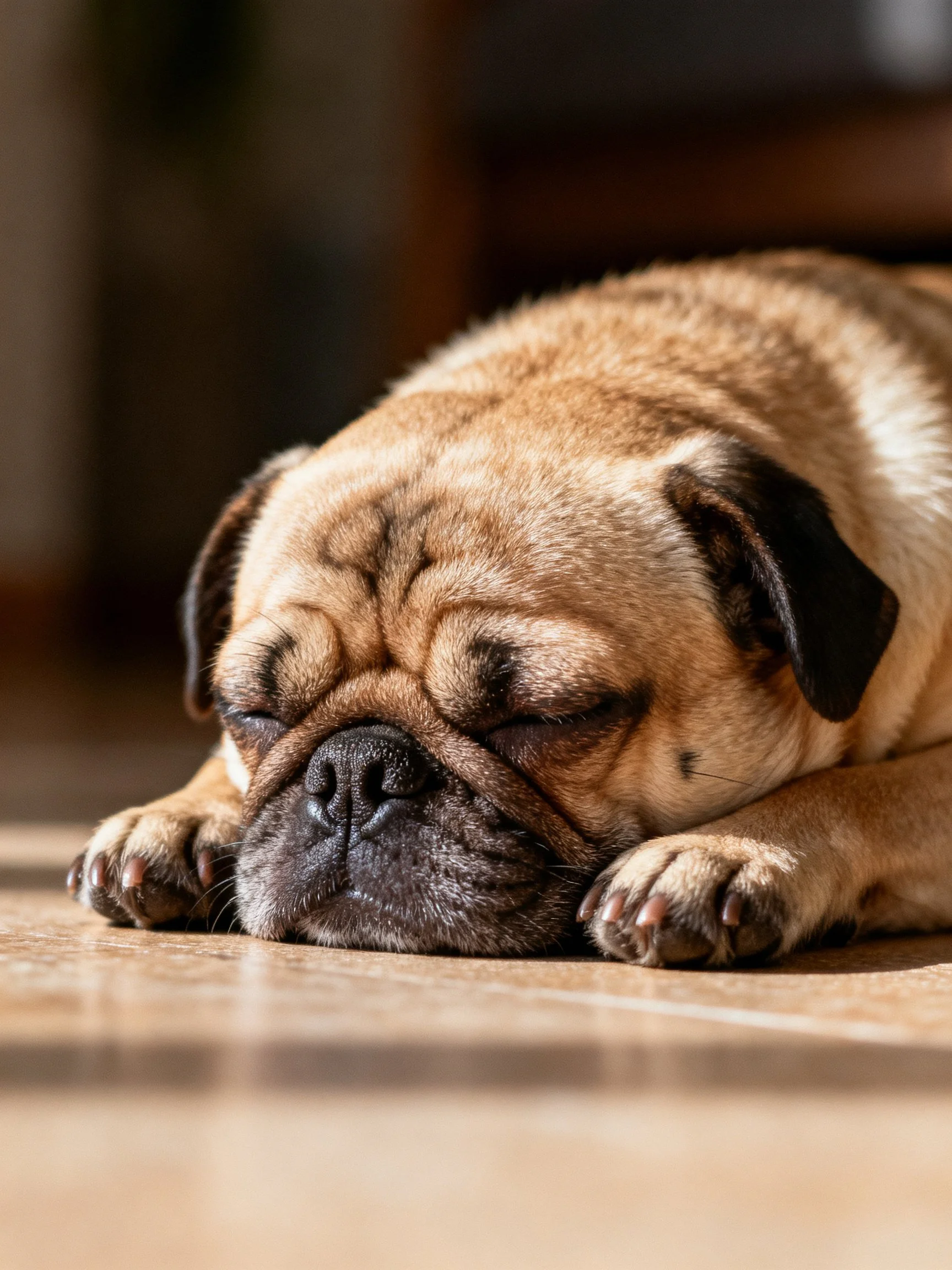 A light brown pug sleeps soundly on a wooden floor.