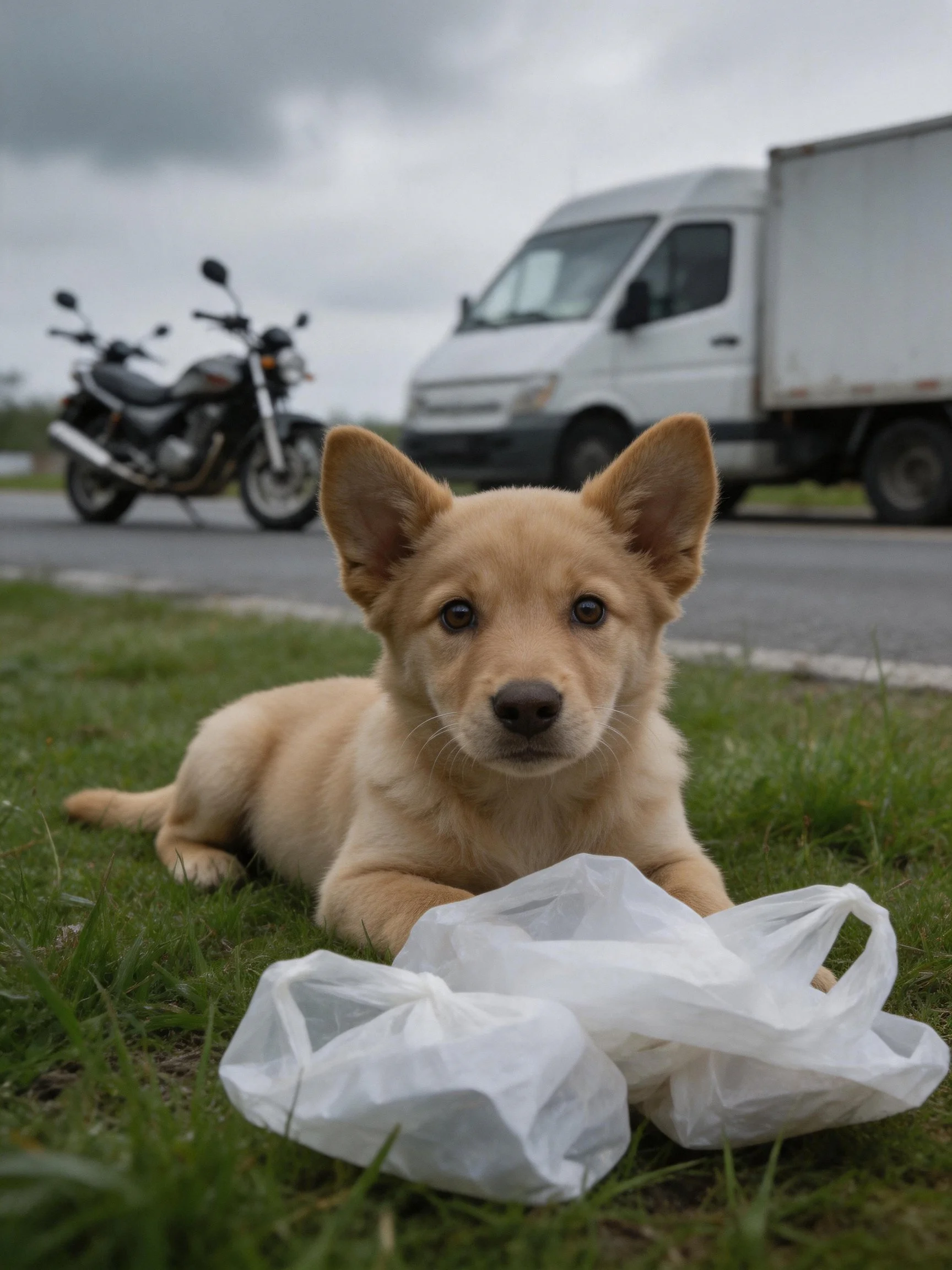 A light brown puppy rests on grass near plastic bags with vehicles in the background