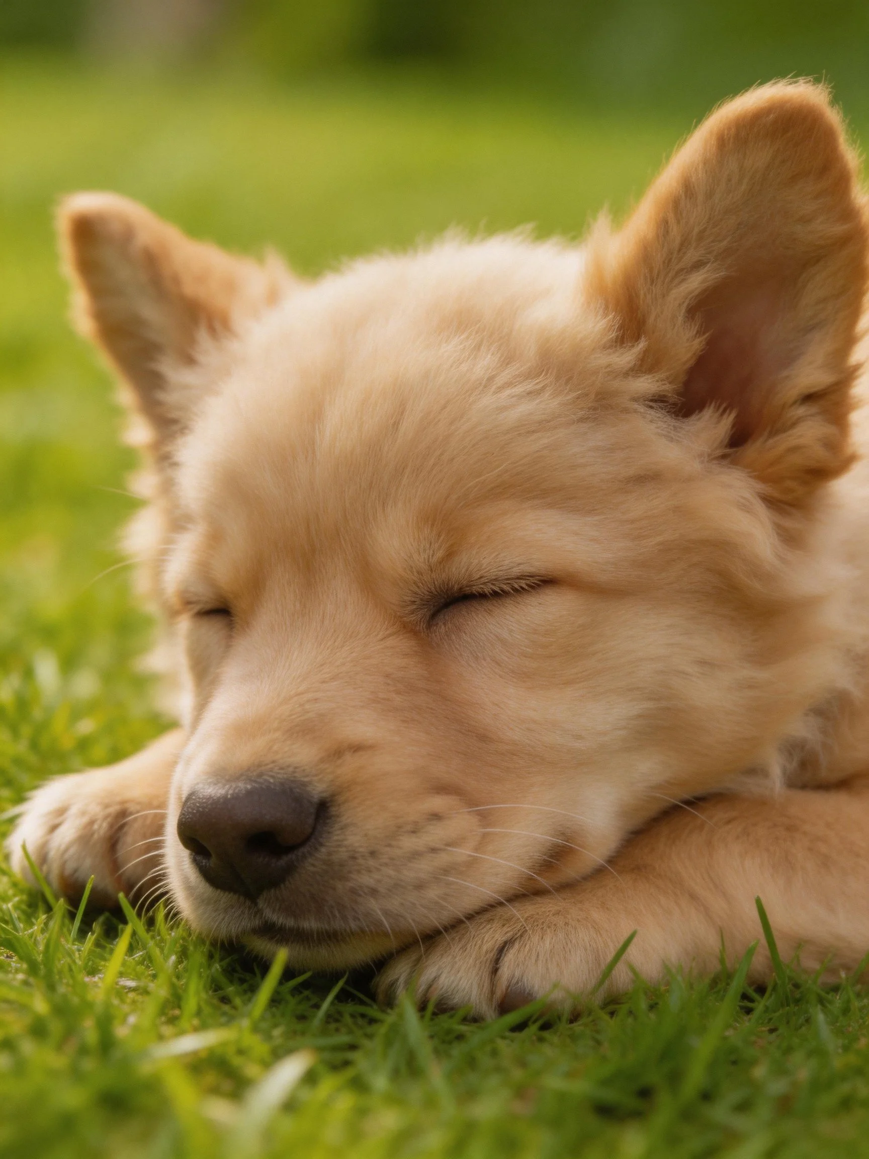 A light brown puppy peacefully sleeps on lush green grass