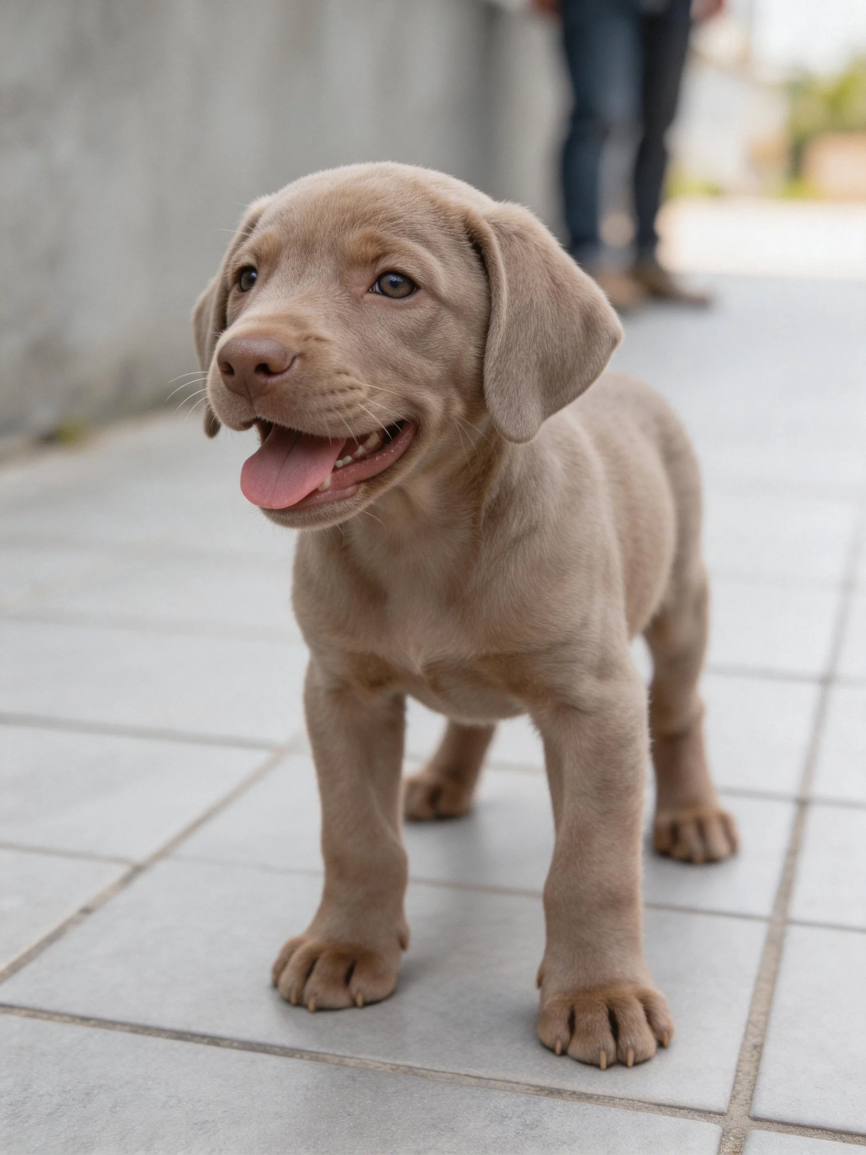 A light brown puppy stands on tiled pavement near a person