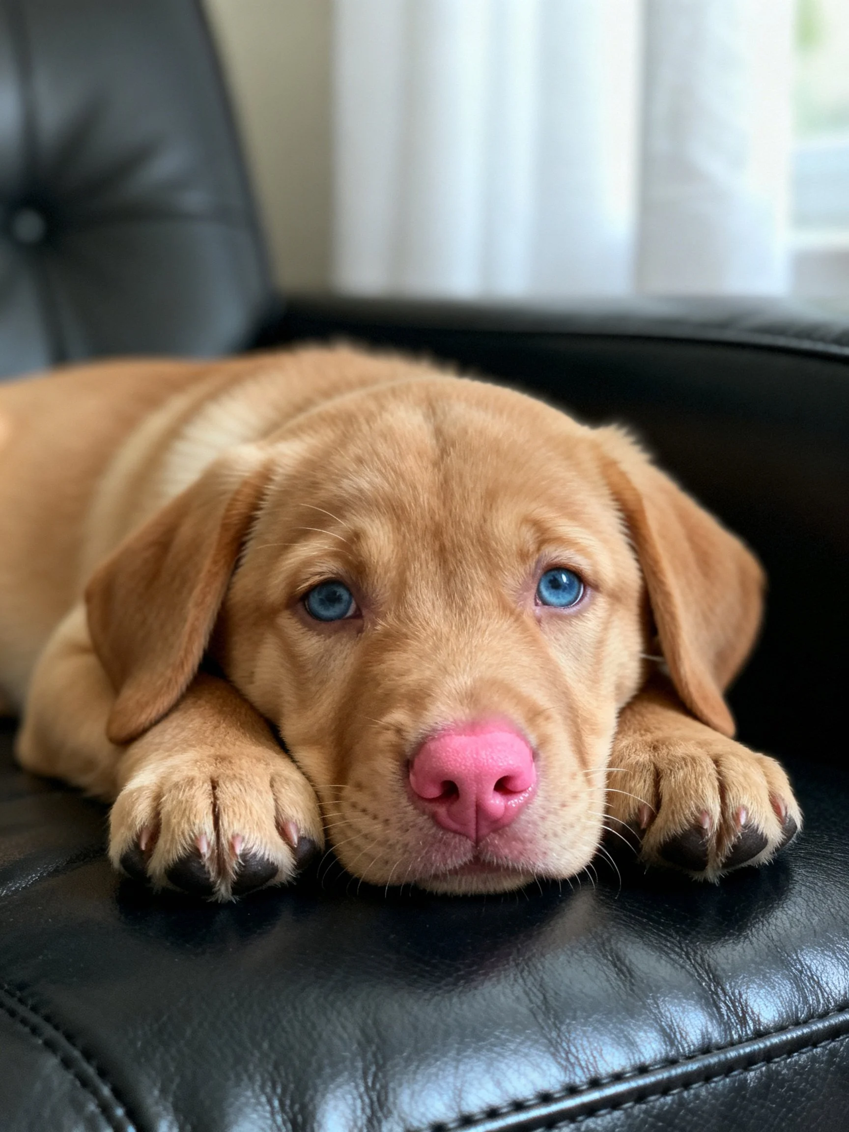 A light brown puppy with blue eyes relaxes on a black leather chair
